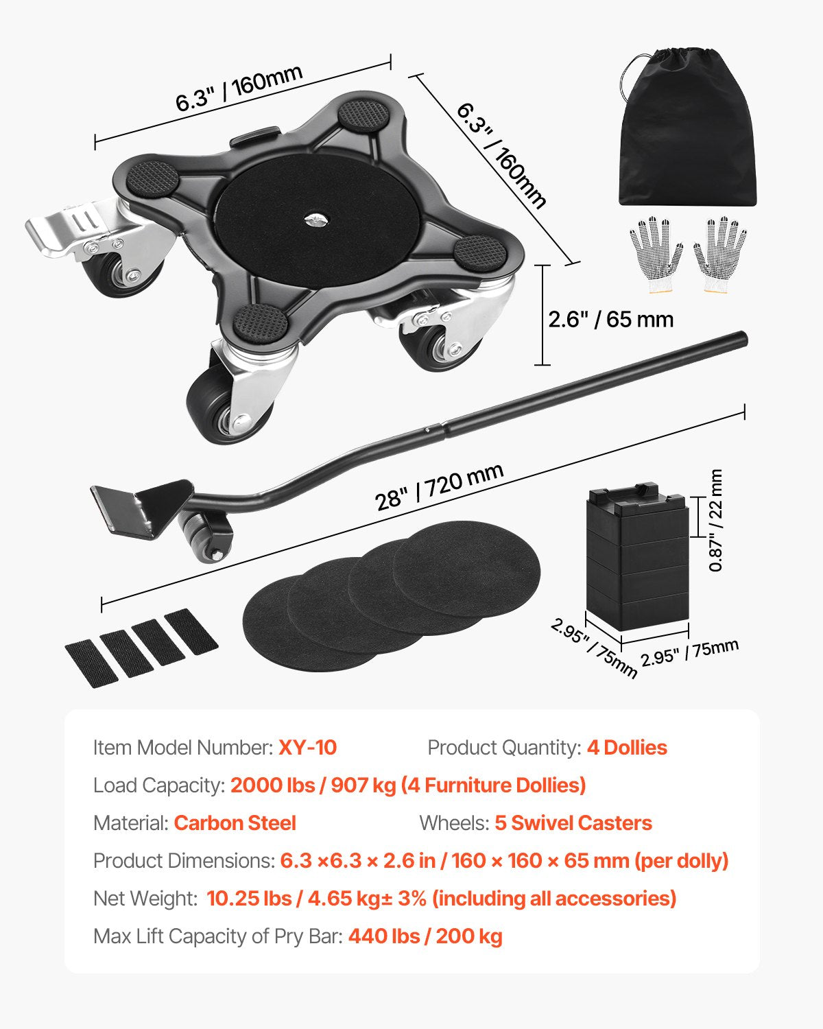 Möbelvagn, maxlast 1200 lbs, kraftiga möbelflyttare med 5 360° roterande hjul, kolstålspanel, verktygssats för möbellyft för vitvaror, soffa, kylskåp, tvättmaskin