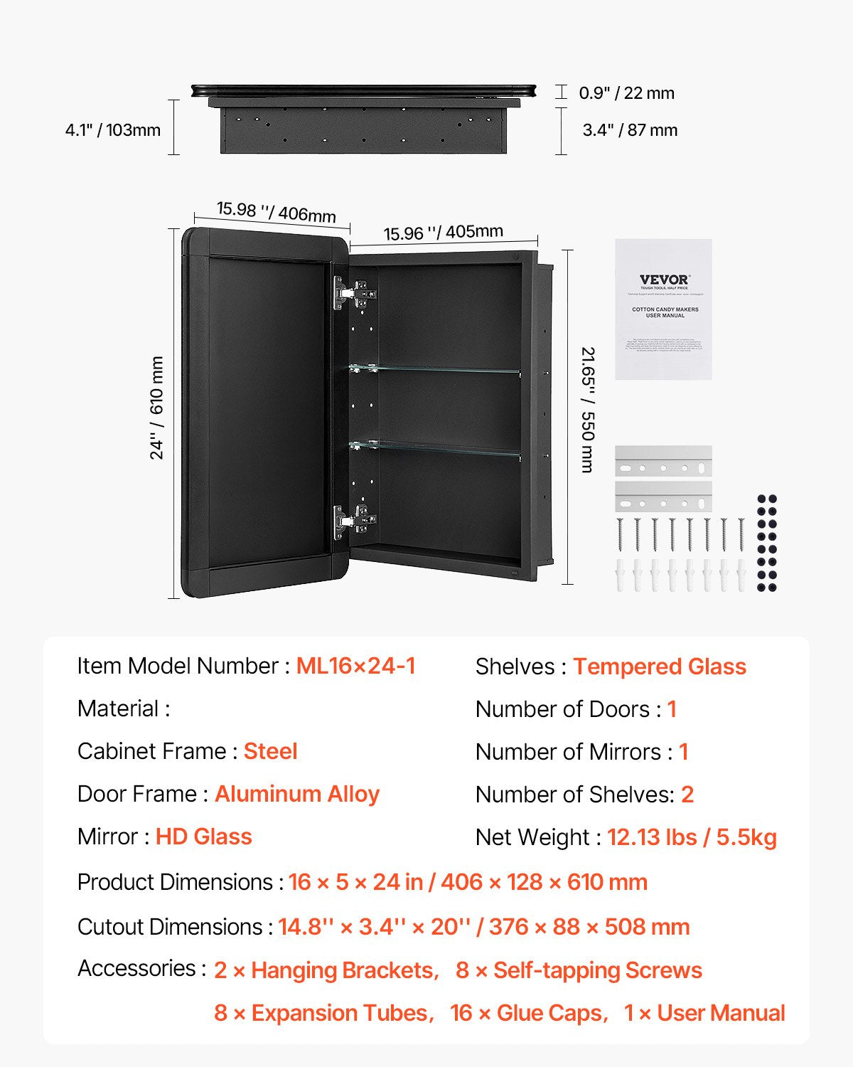 Medicine Cabinet, 16 x 24 inch, Medicine Cabinet for Bathroom with Mirror, Aluminum Frame Bathroom Wall Cabinet, 2-layer Adjustable Shelves, Recessed & Wall-mounted Installation