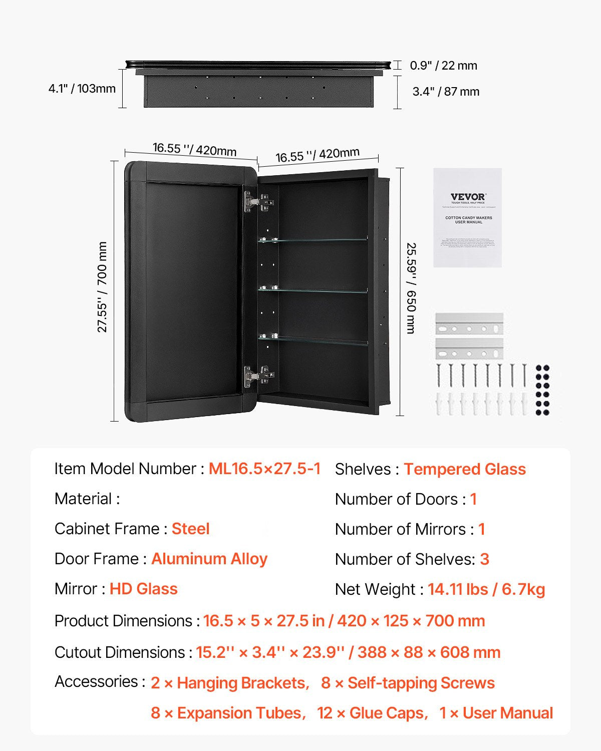 Medicine Cabinet, 16.5 x 27.5 inch, Medicine Cabinet for Bathroom with Mirror, Aluminum Frame Bathroom Wall Cabinet, 3-layer Adjustable Shelves, Recessed & Wall-mounted Installation