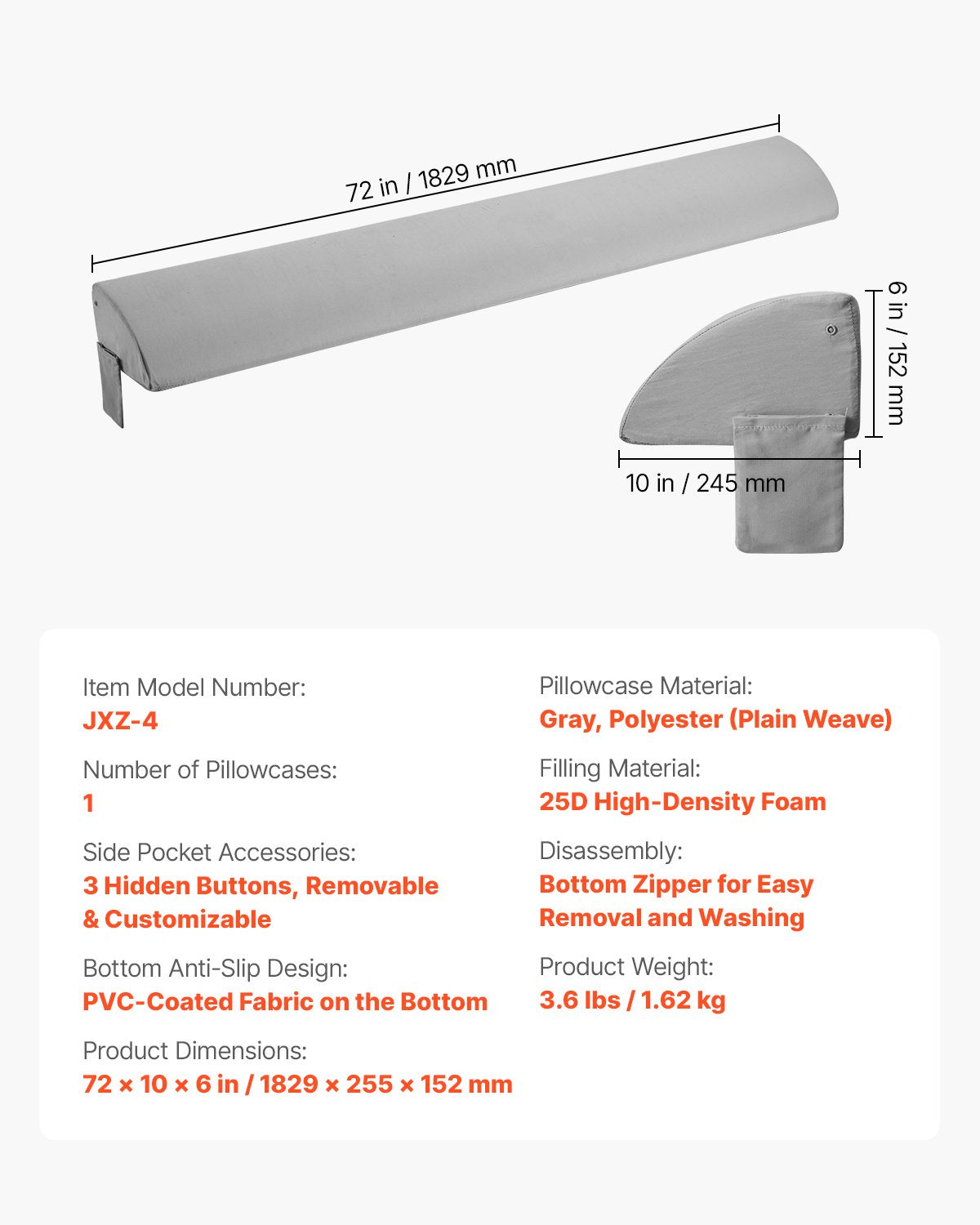 Bed Wedge Pillow for Headboard, 1829 x 255 x 152 mm Bed Gap Filler, Fill 0-178mm Gap Between Headboard and Mattress, 25D Foam Mattress Wedge Headboard Pillow with Side Pocket, for Backrest, Gray