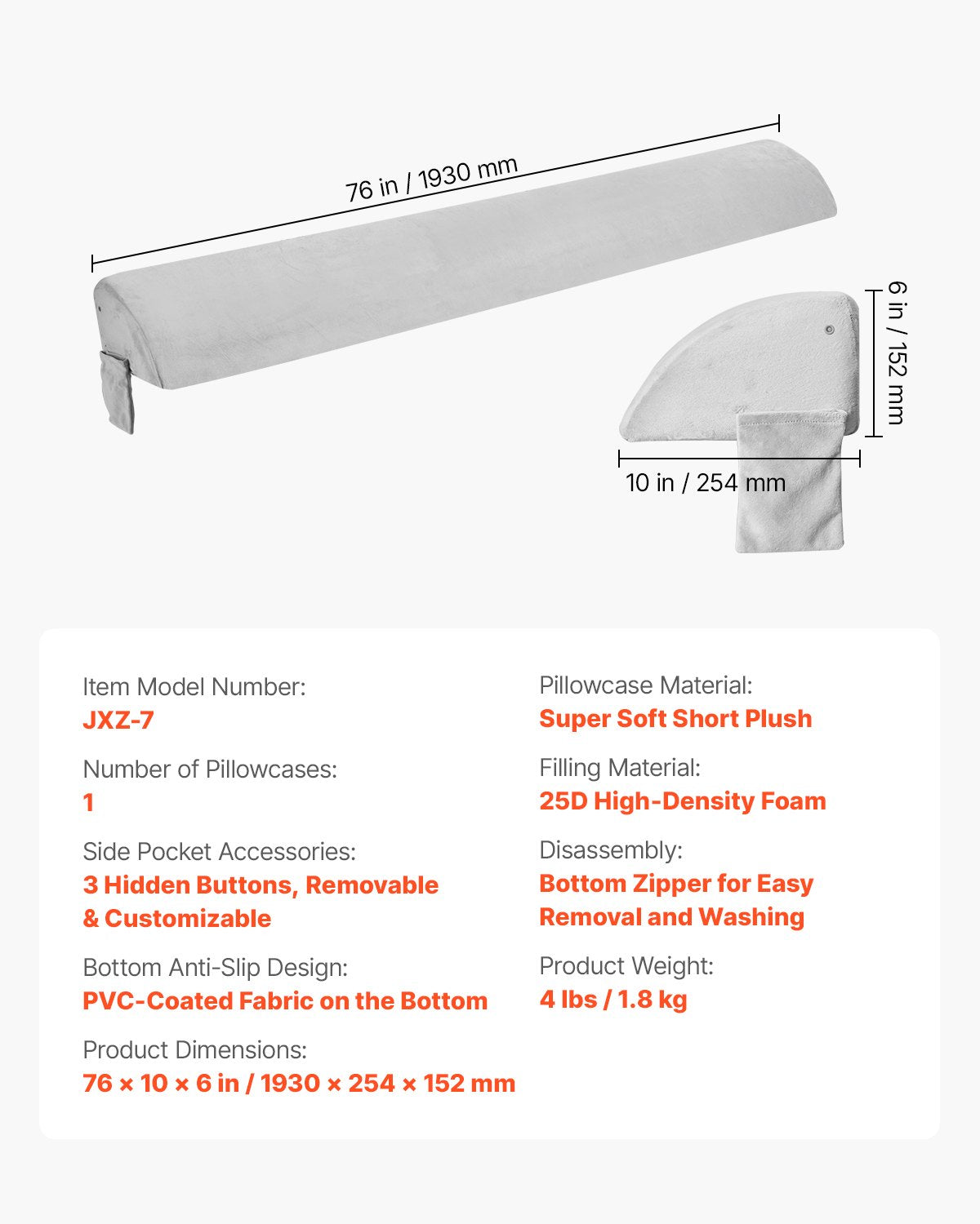 Bed Wedge Pillow for Headboard, 1930 x 255 x 152 mm Bed Gap Filler, Fill 0-178mm Gap Between Headboard and Mattress, Soft Plush Mattress Wedge Headboard Pillow with Side Pocket, for Backrest Gray