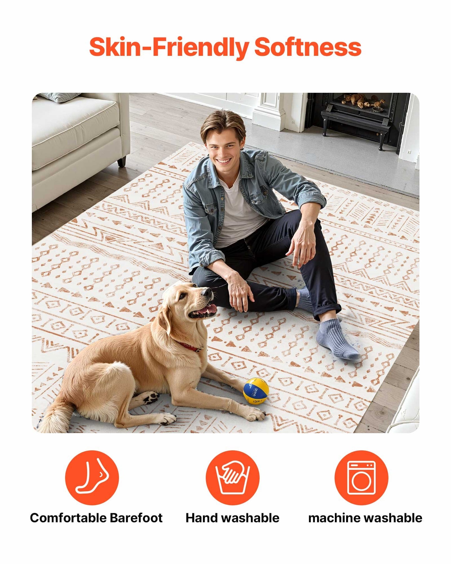 Area Rug, 5 x 8 ft Large Washable Rug, Non-Slip and Tear-Resistant Soft Carpet, Pet & Child Friendly Modern Area Rugs, Indoor Mat for Bedroom, Office, Living Room, Kids Room, Entryway, Beige