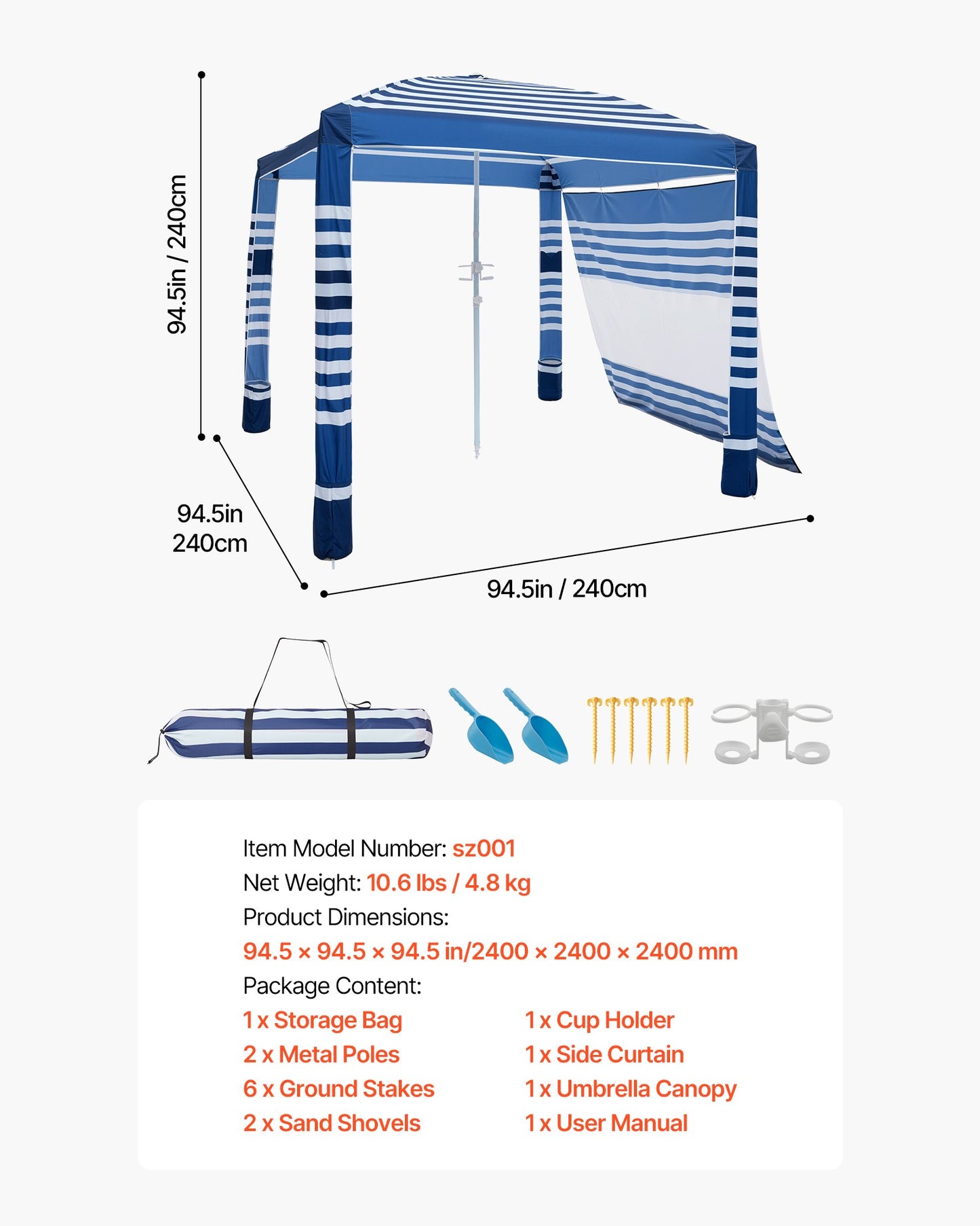 Beach Cabana, 2.4 x 2.4 m Beach Canopy with Side Wall, UPF 50+ Protection Easy Setup Cabana Tent with Sand Pockets, Adjustable Height Portable Shade Sun Shelter Umbrella for Family, Navy Stripes
