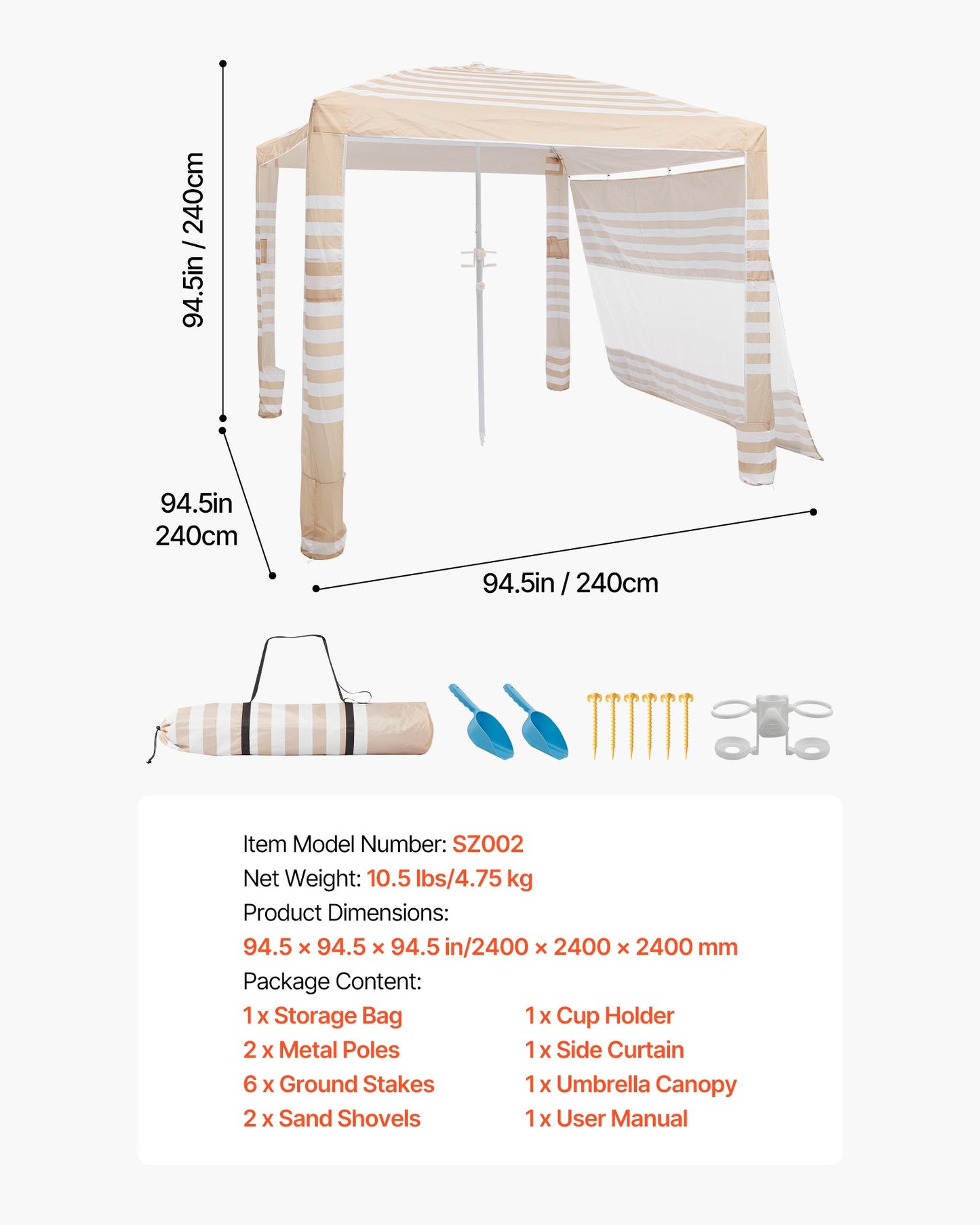Beach Cabana, 2.4 x 2.4 m Beach Canopy with Side Wall, UPF 50+ Protection Easy Setup Cabana Tent with Sand Pockets, Adjustable Height Portable Shade Sun Shelter Umbrella for Whole Family Friends