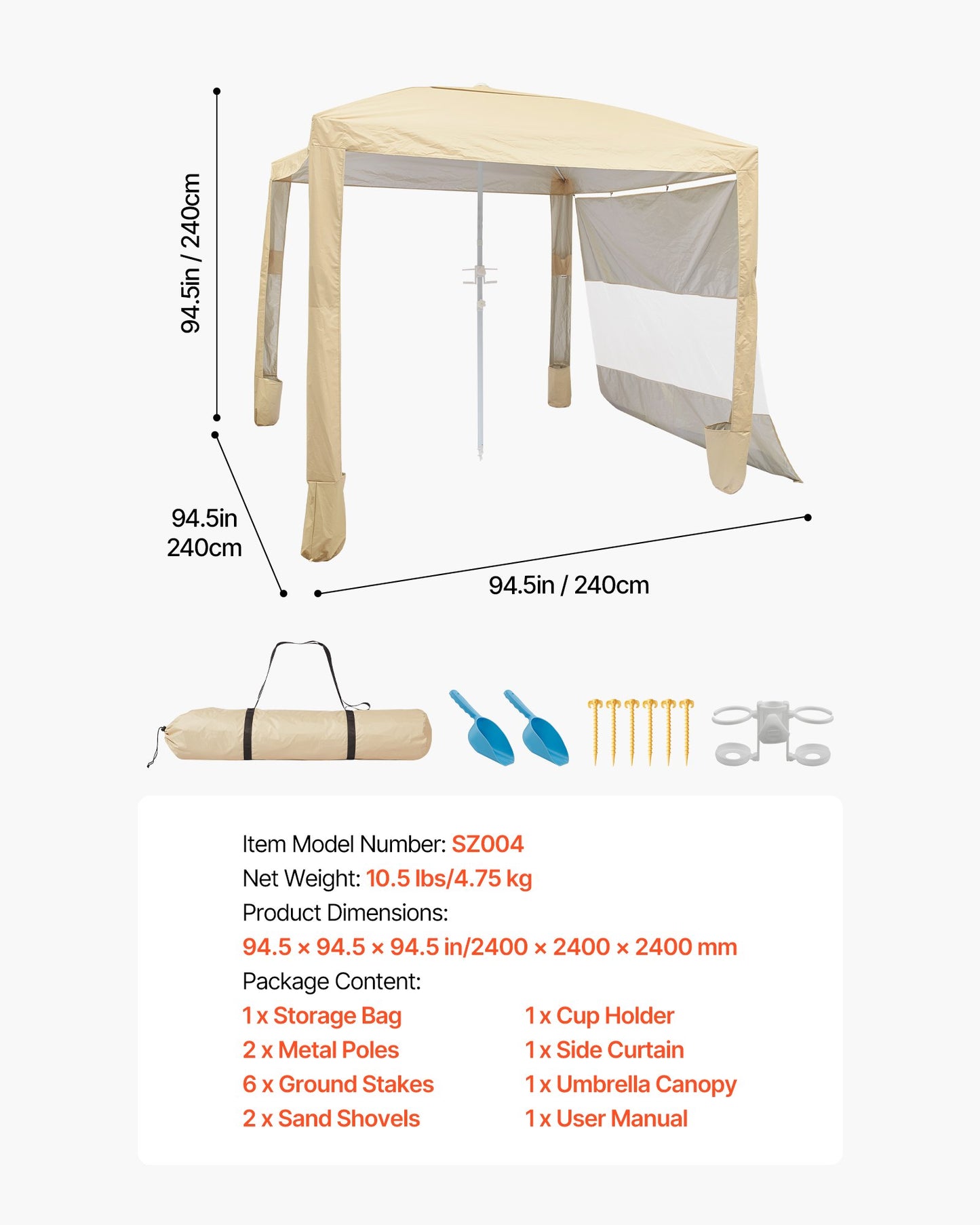 Beach Cabana, 2.4 x 2.4 m Beach Canopy with Side Wall, UPF 50+ Protection Easy Setup Cabana Tent with Sand Pockets, Adjustable Height Portable Shade Sun Shelter Umbrella for Family Friend, Khaki