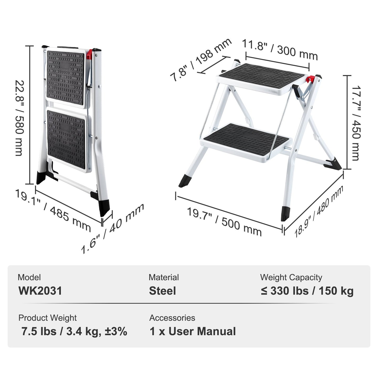 Step Ladder 2-Step 150kg Capacity, Ergonomic Folding Steel Step Stool with Wide Anti-Slip Pedal, Sturdy Step Stool for Adults Toddlers, Multi-Use for Household, Kitchen, Office, RVs