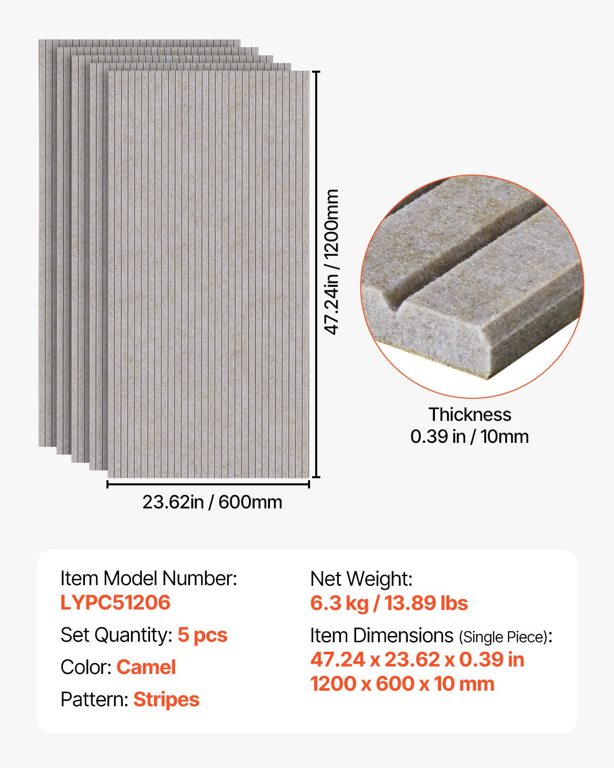 5-pack akustiska paneler med självhäftande material, 47,2 x 23,6 x 0,4 tum ljudisolerande skumpaneler, ljudisolerade väggpaneler av polyesterfiber med hög densitet, för hem, studio, kontor, teater, kamelfärgad