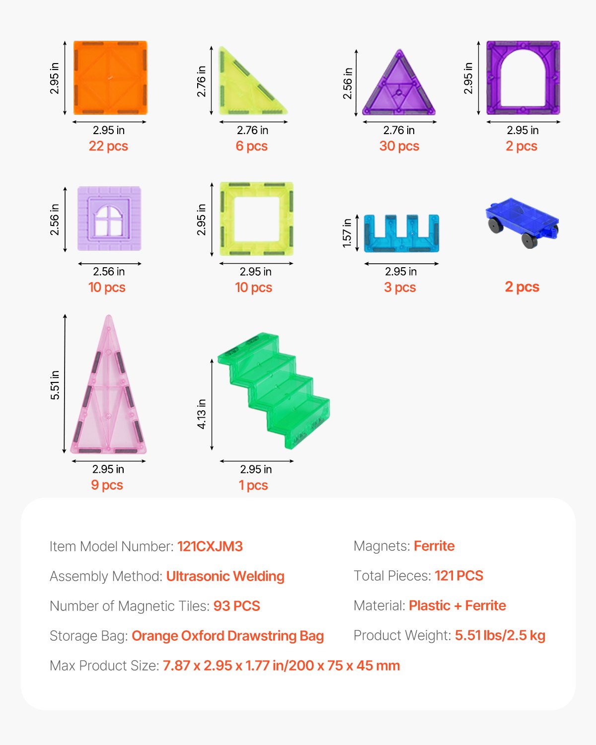 Magnetic Tiles, 121 PCS Magnetic Building Blocks for Kids, Magnet Building Set with 2 Car Bases & 26 Digital Cards, STEM Educational Construction Stacking Toys for Toddlers Boys Girls Aged 5+