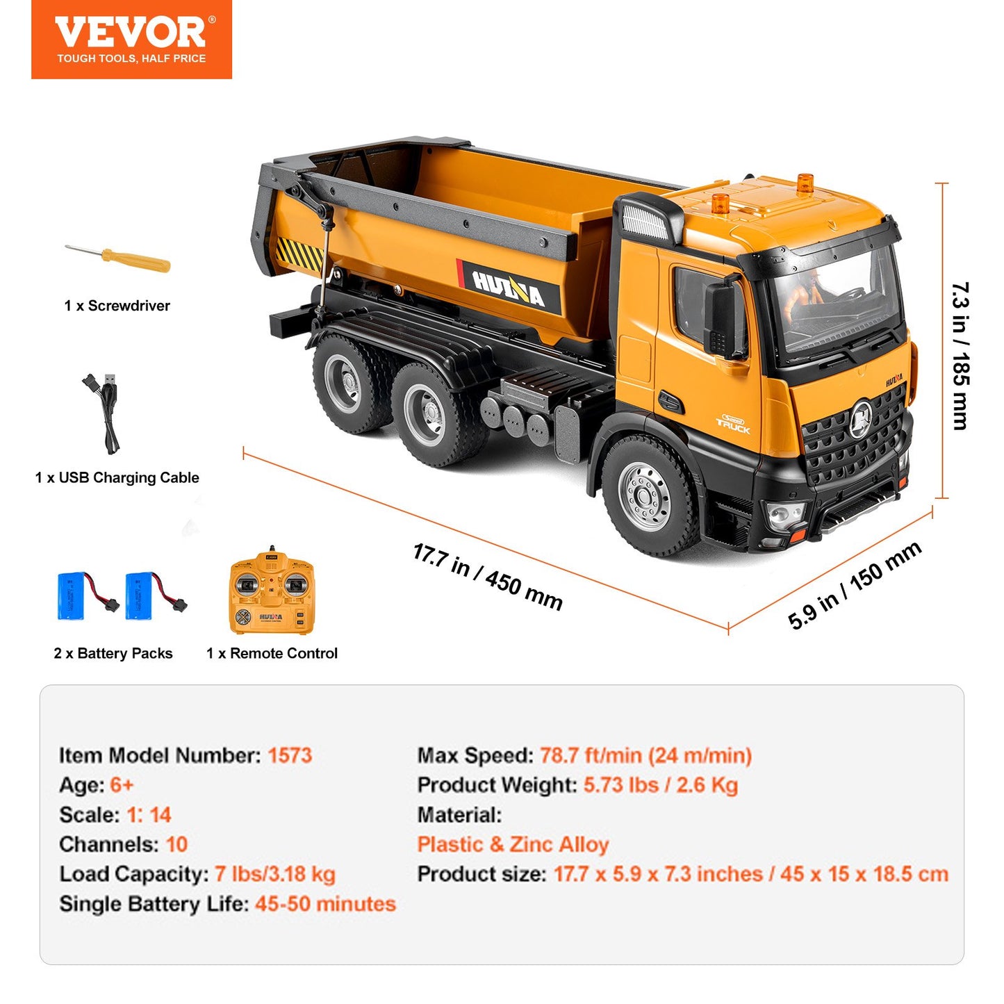 RC Dump Truck Toy, 10-Channel 1:14 Scale, Remote Control Dump Truck RC Construction Vehicle Truck Toy with Light & 2 Rechargeable Batteries Birthday Gift for Toddlers Kids Boys and Girls Age 8+