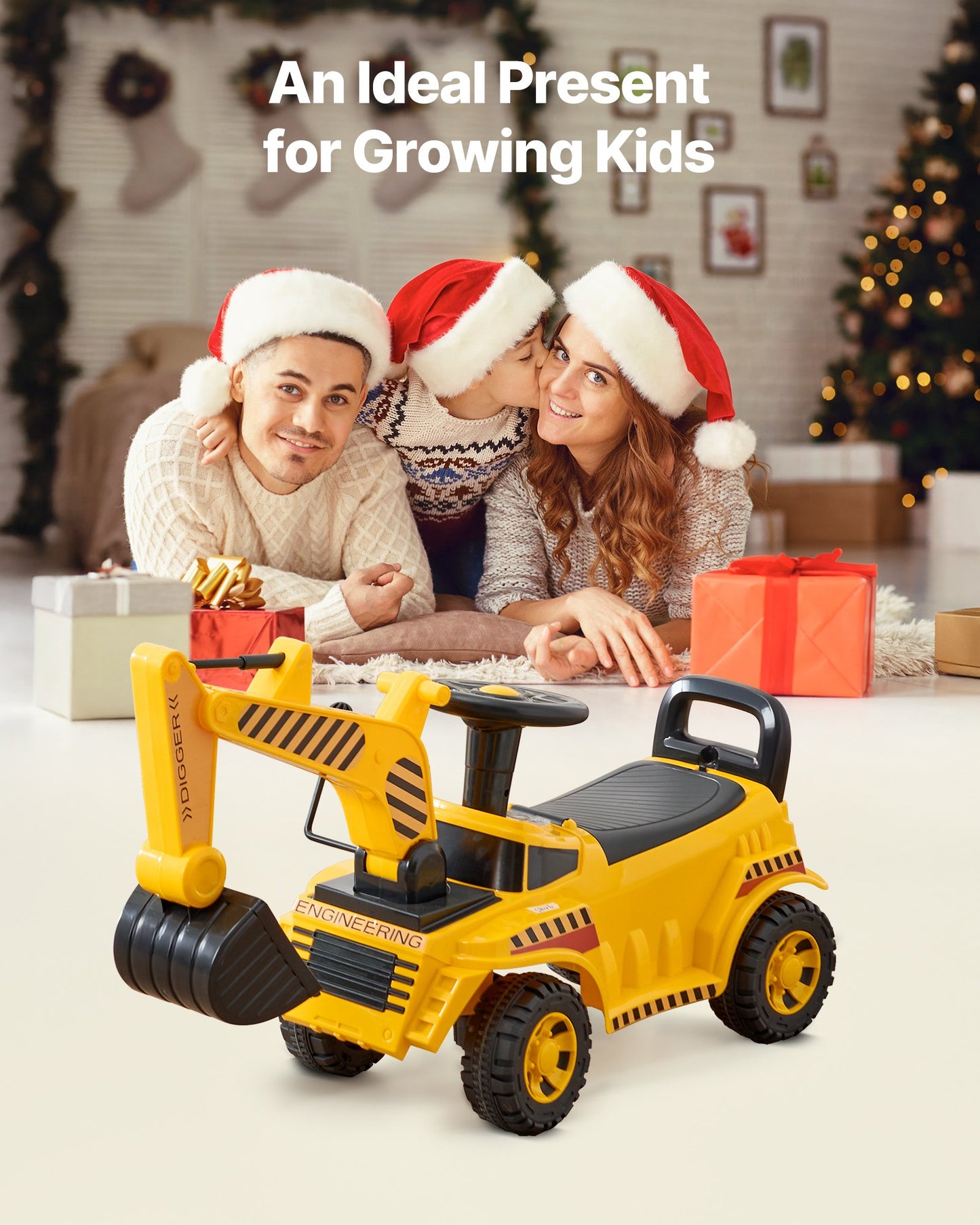 Åkbil för småbarn, skjutbil för småbarn 19 till 36 månader, grävmaskinsleksak med hjälm och musik, 25 kg lastkapacitet, gåstol från fot till golv för barn, gul