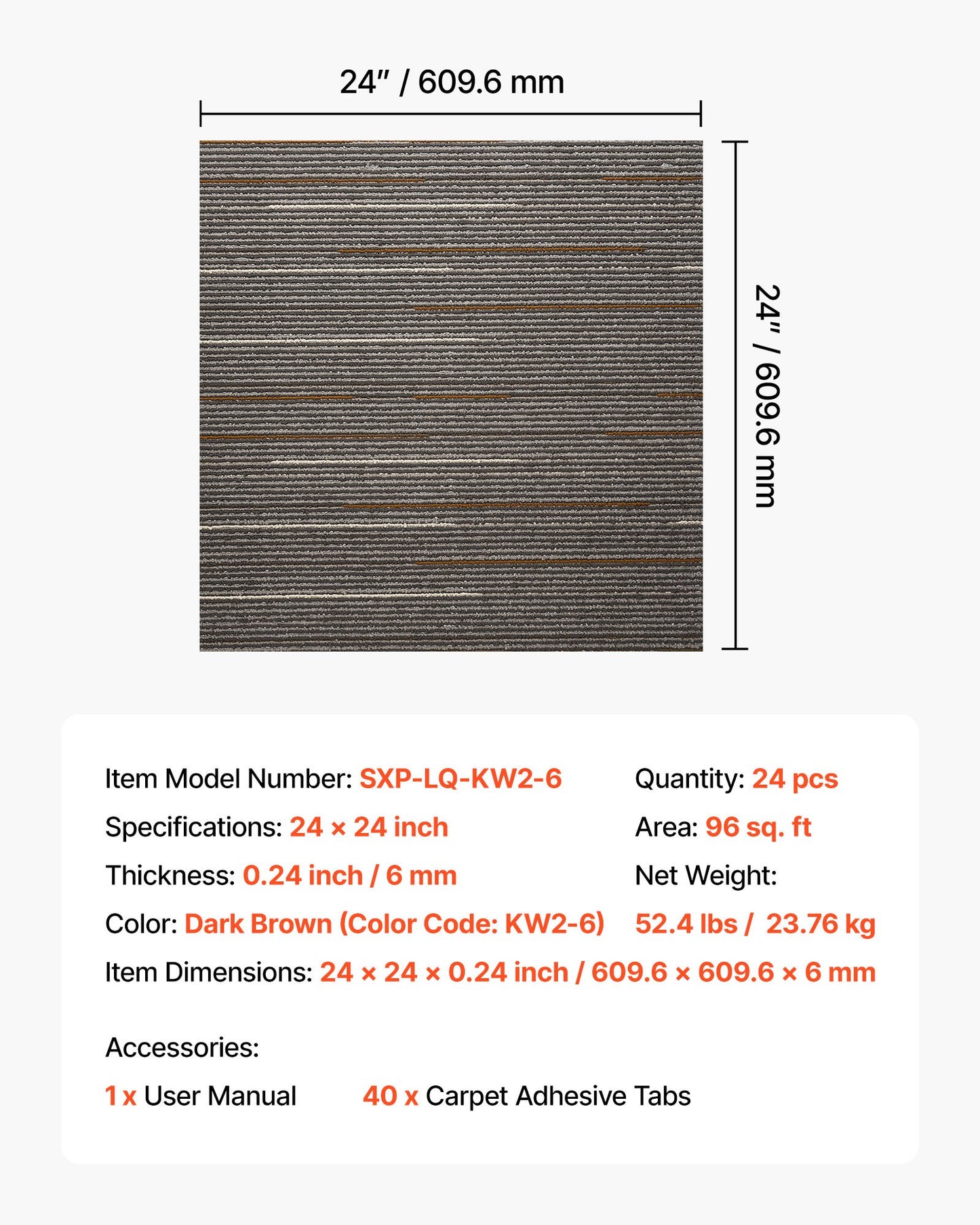 Carpet Tiles Reusable 610x610 mm, 24 PCS Modular Carpet Square Rug, Commercial Floor Soft Padded for Seamless Cover 8.9㎡, Easy DIY Replacement for Living Room Bedroom Office Indoor, Dark Brown