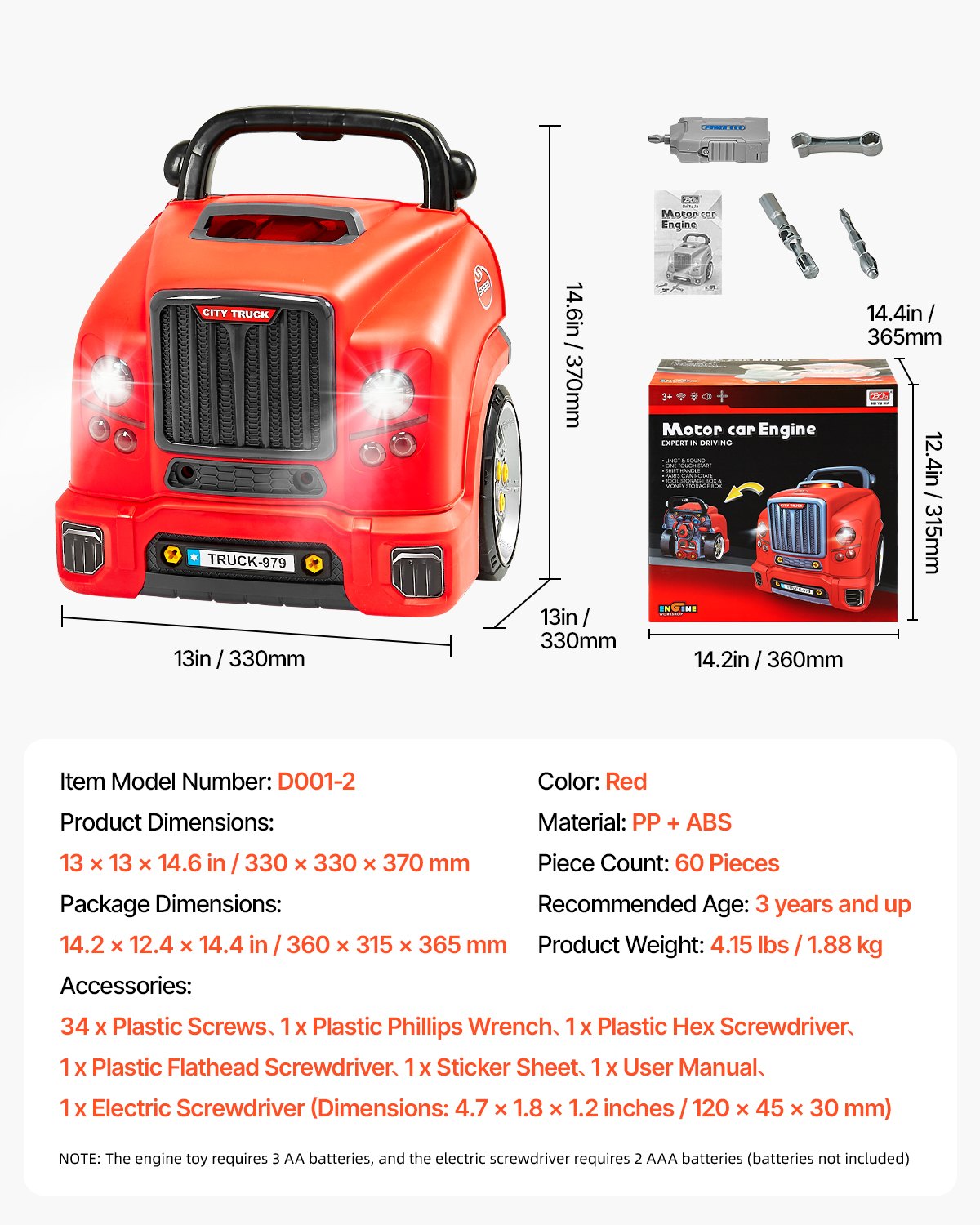 Motorleksak, 60 delar, barnmekanikerbilreparationsset med avtagbara delar, ljus och ljud, ratt och tuta, barnmekanikerverkstadsset för småbarn från 3 år, röd