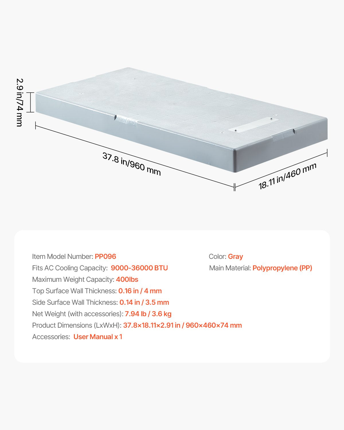 Mini Split Pad, for 9000-36000BTU Ductless Air Conditioner Heat Pump Systems, 960x460x74 mm Plastic Outdoor Condenser Equipment Anti-Vibration Pads for Heat Pump System, Max Load 181kg