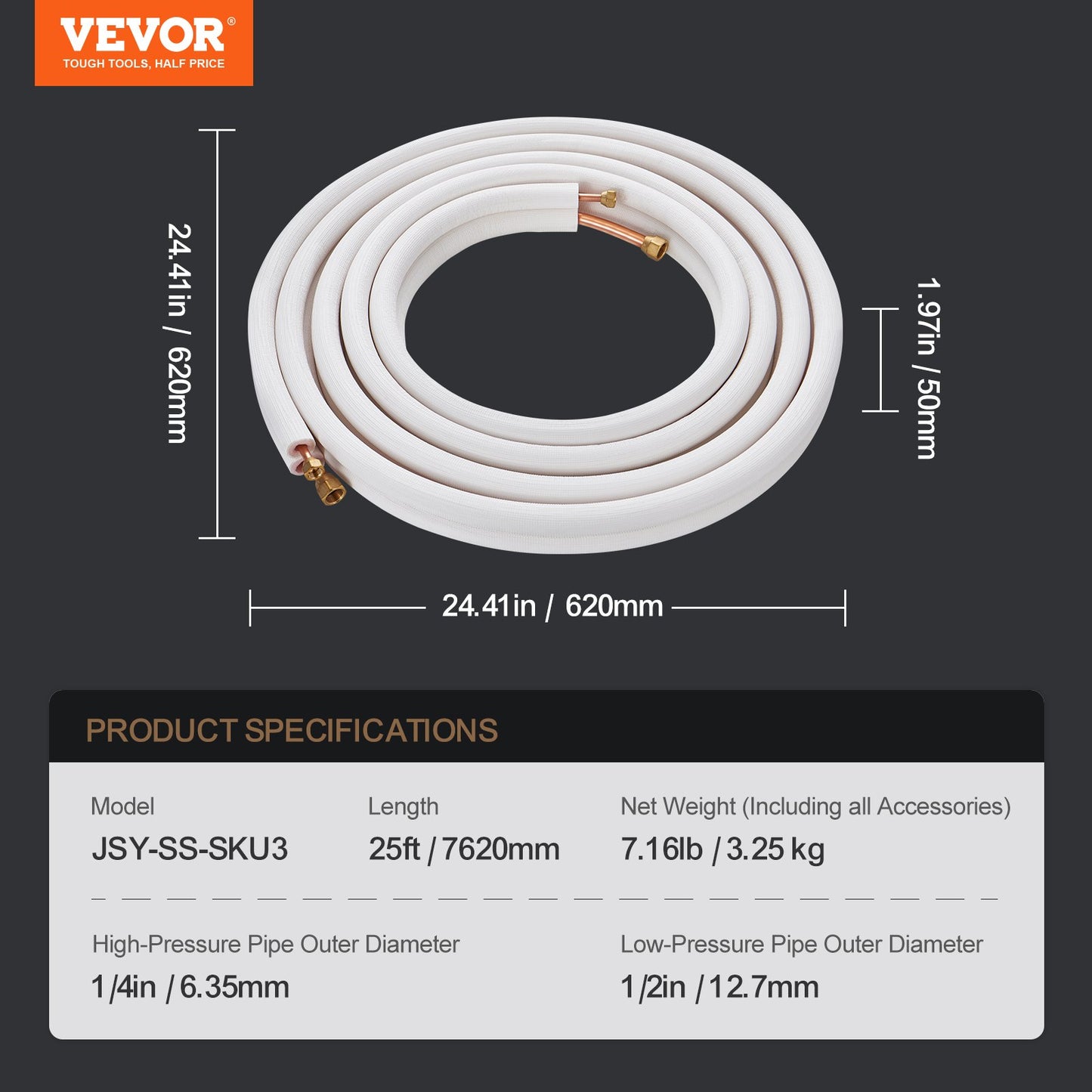 7620mm Mini Split Line Set, 6.4 & 12.7mm O.D Copper Pipes Tubing and Triple-Layer Insulation, for Mini Split Air Conditioning Refrigerant or Heating Pump Equipment & HVAC with Wrapping Strips.
