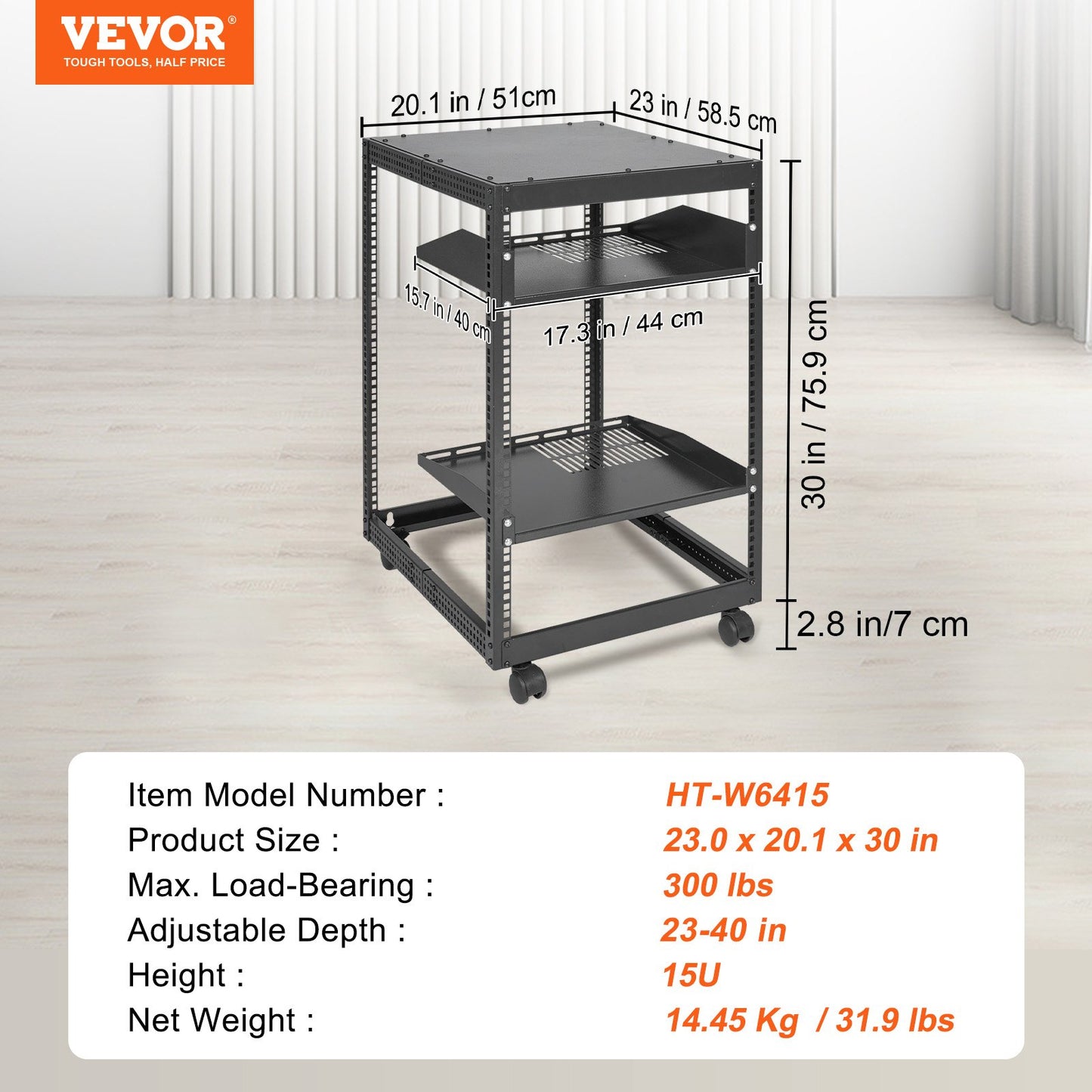 15U Open Frame Server Rack, 58.5-101.6cm/23-40 in Adjustable Depth, Free Standing or Wall Mount Network Server Rack, 4 Post AV Rack with Casters, Holds All Your Networking IT Equipment AV Gear Router Modem