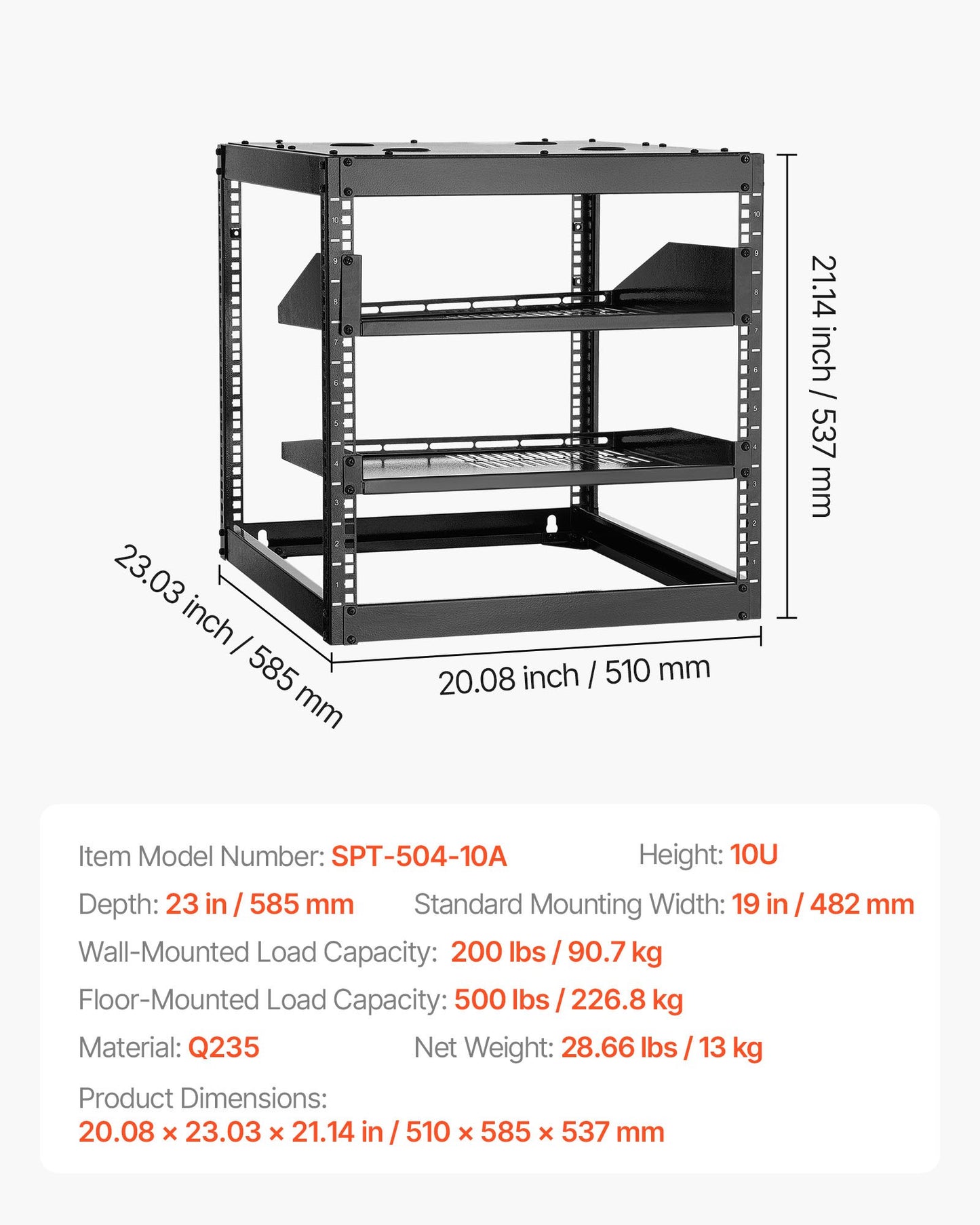 10U nätverksrack med öppet ramverk, 585 mm djup, väggmonterat eller golvstående serverrack, kraftigt 4-pelare, med ventilerade hyllor och monteringsdetaljer, rymmer all din nätverks-IT-utrustning och AV-utrustning