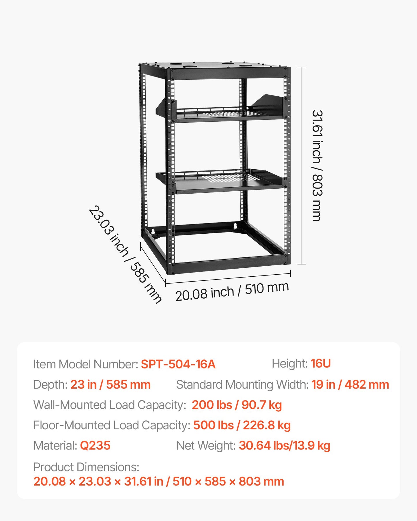 16U Open Frame Network Rack, 585 mm Depth, Wall Mounted or Floor Standing Server Rack, Heavy Duty 4 Post, with Vented Shelves & Mounting Hardware, Holds All Your Networking IT Equipment AV Gear