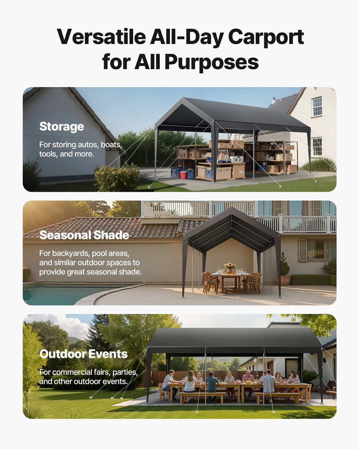 Carport, 10 x 20 FT Outdoor Car Canopy, Potable Carport, Heavy Duty Galvanized Car Shelter, UV-Resistant & Water-Resistant, All-Season Protection, Storage Shed for Car Boat Motorcycle Grey