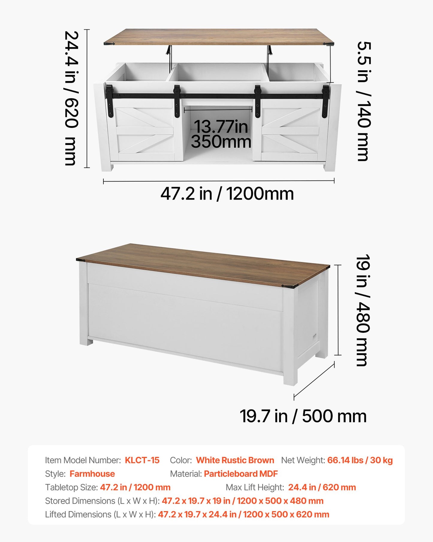 1200 mm lyftbart soffbord i lantlig stil, rustikt mittbord med ladugårdsdörr och dolt förvaringsfack, modern rektangulär lyftbar bordsskiva för vardagsrum, kontor, hem, enkel montering, vit