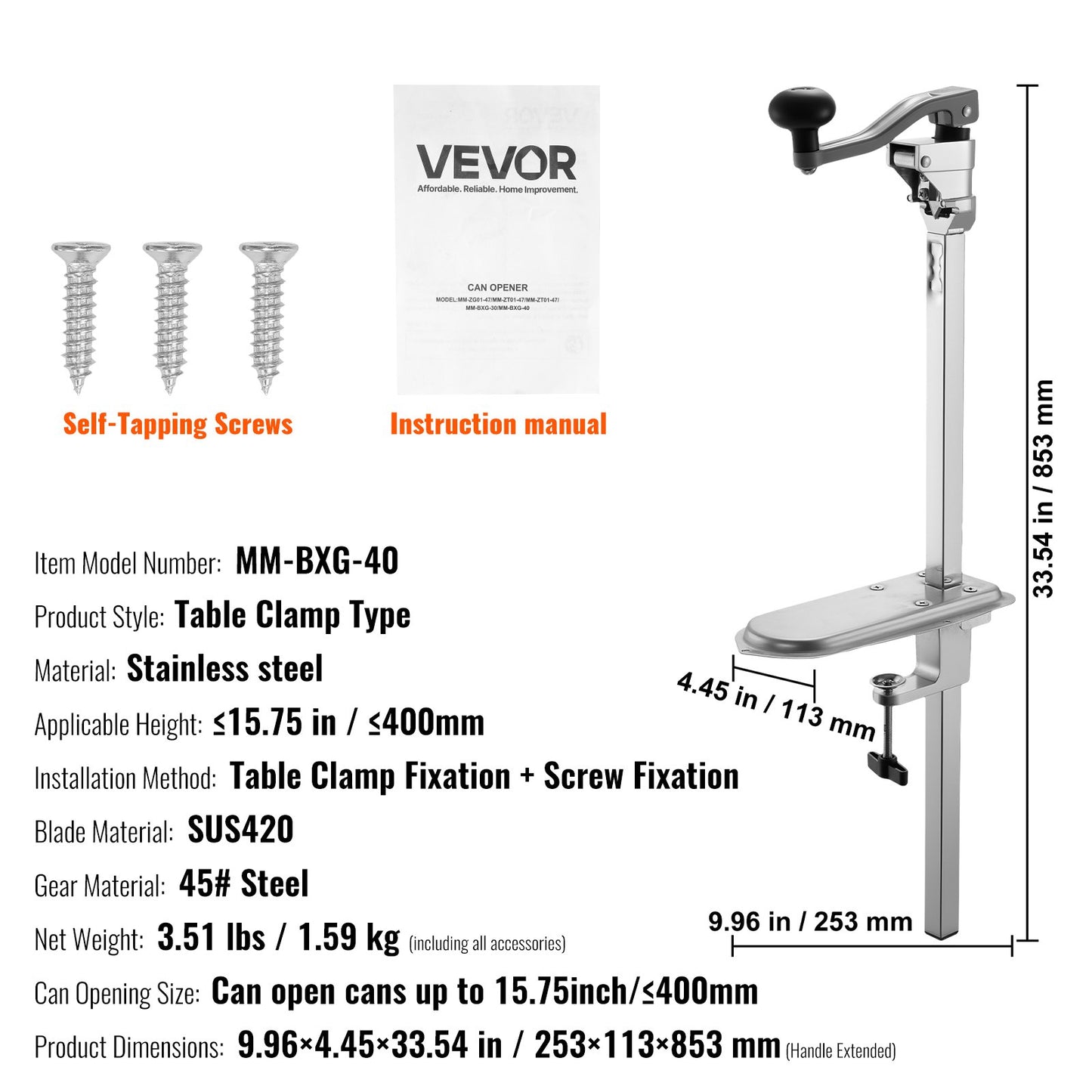 Commercial Can Opener, Heavy-Duty Manual Tabletop Cans Opener for Cans Up to 400 mm Height, Height-Adjustable Can Openers Fixed with Screws & Table Clamp, for Restaurant, Hotel, and Food Store