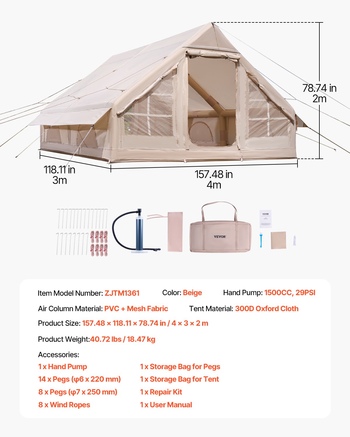 Inflatable Tents for Camping, 5-8 Person Easy Setup Blow up Tent with Hand Pump, 300D Oxford Glamping Tent with Stove Jack 2 Doors & 4 Mesh Windows, Storage Bag Included for Easy Taking