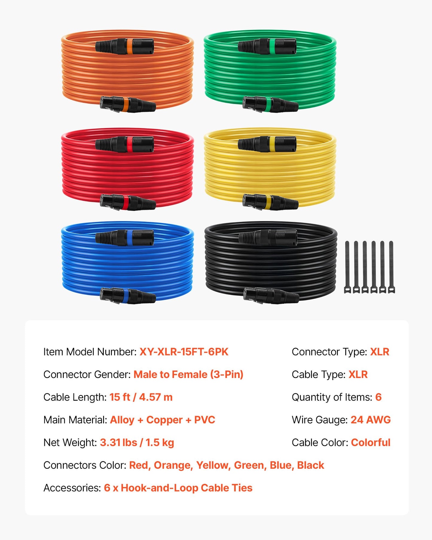 XLR Cable 4.57 m, 6 Pack, Shielded Balanced DMX Male to Female Microphone Cables, Gold-Plated 3-Pin XLR Mic Speaker Cord Wires, for Stage Lighting, Microphones, Amplifier, Mixer, Speaker Systems