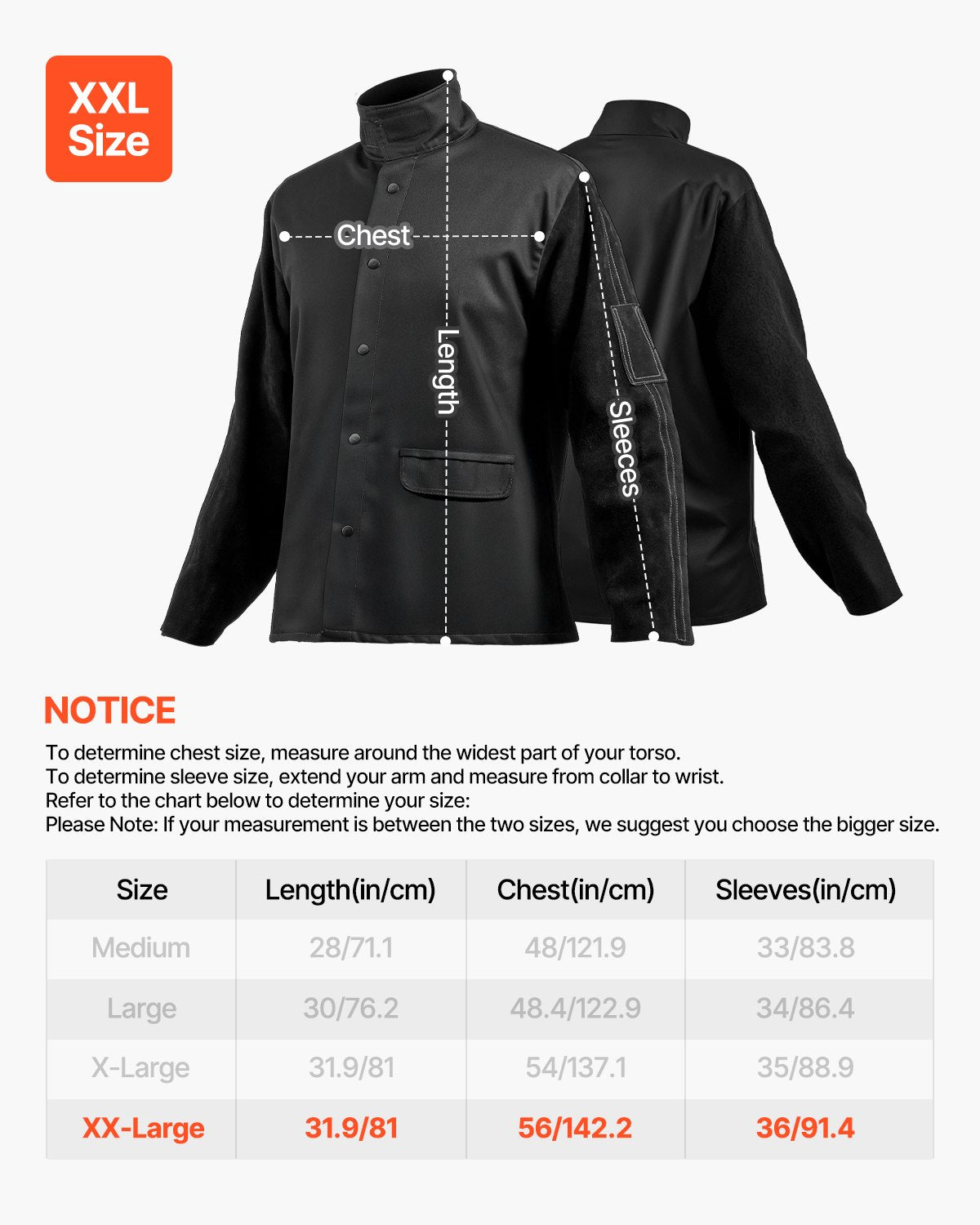 Flamskyddad svetsjacka - XXL, kraftig ärm i spaltnötskinn + 237 g FR-bomull, värmebeständig svetsskyddsjacka med tryckknappar och fickor, perfekt för svetsare och montörer