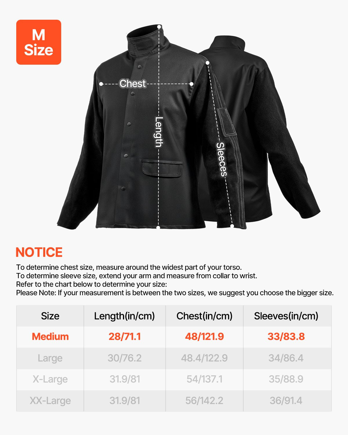 Flamskyddad svetsjacka - storlek M, kraftig ärm i spaltnötskinn + 237 g FR-bomull, värmebeständig svetsskyddsjacka med tryckknappar och fickor, perfekt för svetsare och montörer