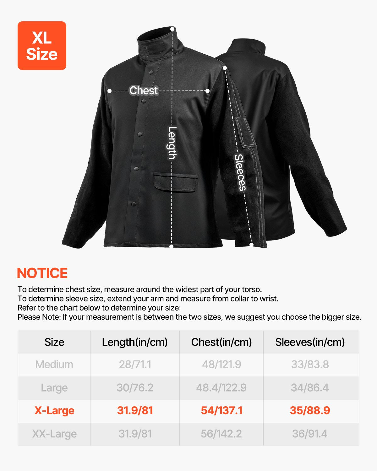 Flame-Resistant Welding Jacket - XL, Heavy Duty Split Cowhide Leather Sleeve + 9 oz. FR Cotton Body, Heat-Resistant Welding Safety Jacket with Snap Buttons & Pockets, Ideal for Welders Fitters