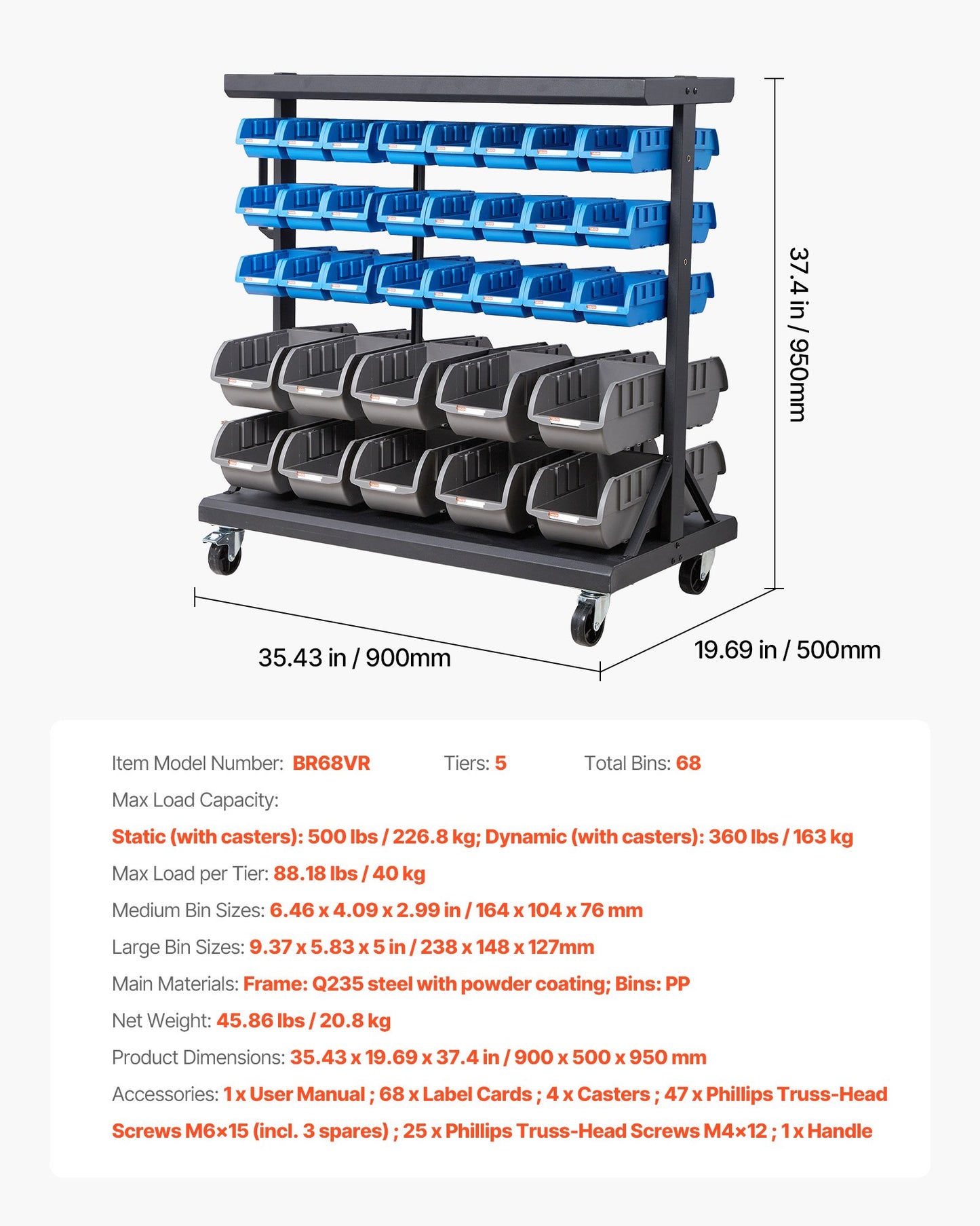 5-Tier Double-Sided Rolling Bin Storage Rack, 68 Plastic Bins, Dual-Sided Parts Organizer with Wheels, Mobile Tool Organizer for Garage, Warehouse, Office, Restaurant, Classroom, Kitchen
