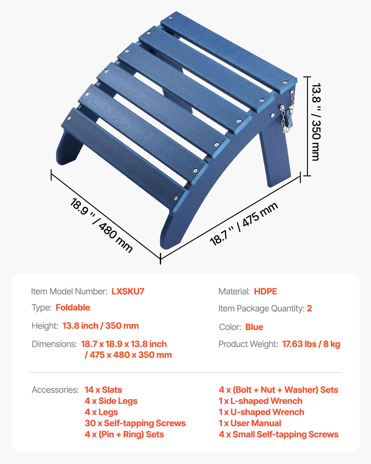 Adirondack Ottoman Set of 2, 18.7L x 18.9W x 13.8H Inch HDPE Plastic Folding Adirondack Ottoman, Weather-Resistant Foot Rest for Adirondack Chair, Used for Outside Porch Pool Lawn Backyard, Blue