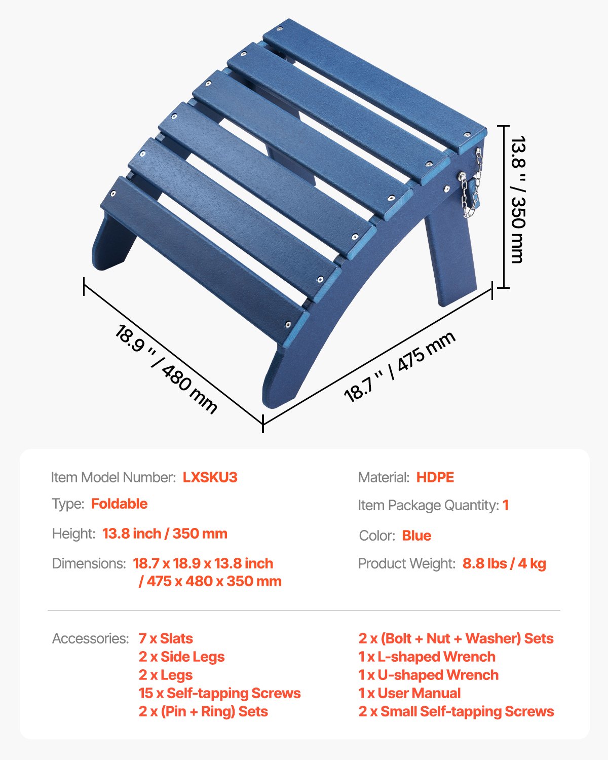 Adirondack Ottoman, 18.7L x 18.9W x 13.8H Inch HDPE Plastic Folding Adirondack Ottoman, Weather-Resistant Foot Rest for Adirondack Chair, Widely Used for Outside Porch Pool Lawn Backyard, Blue