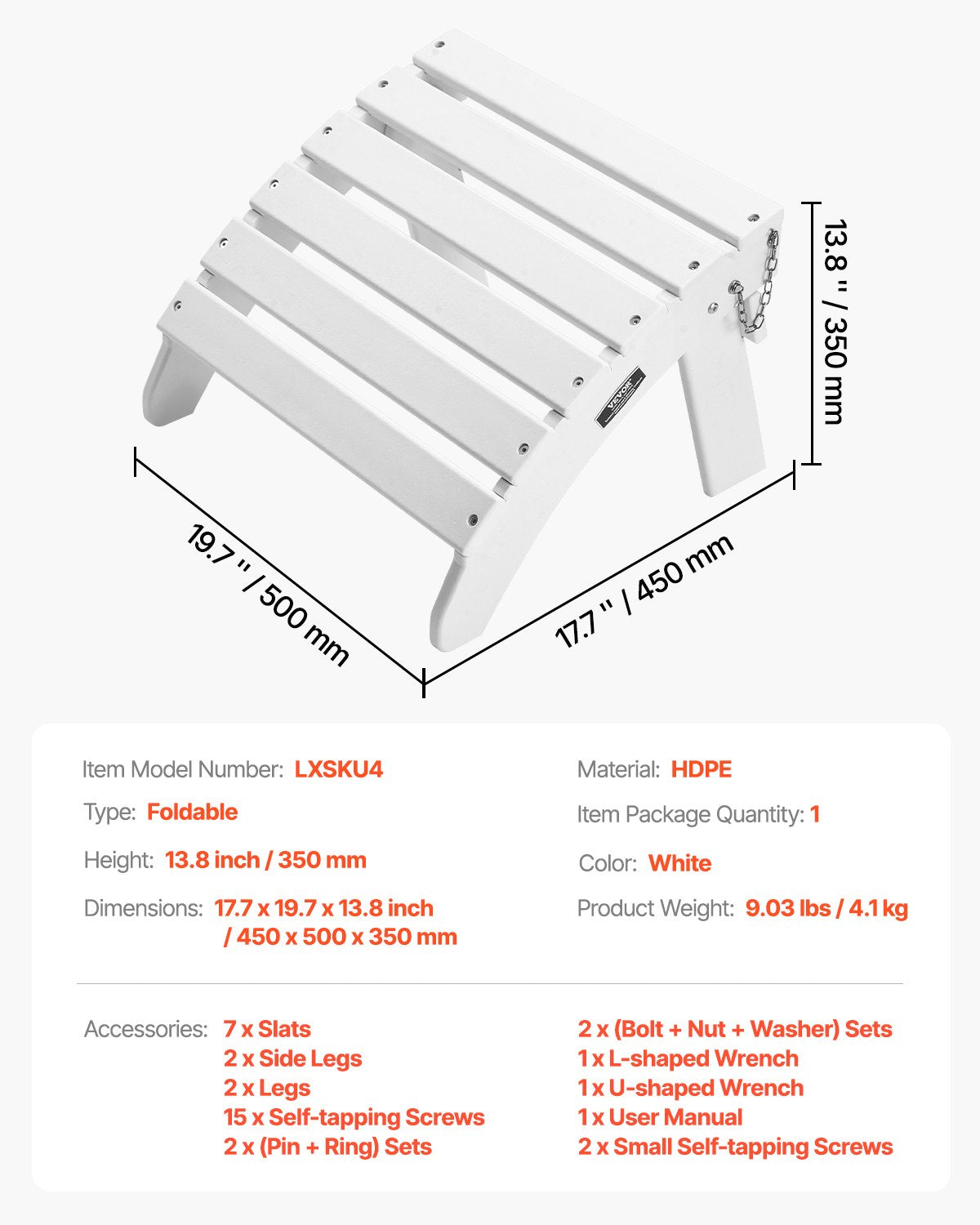 Adirondack Ottoman, 17.7L x 19.7W x 13.8H Inch HDPE Plastic Folding Adirondack Ottoman, Weather-Resistant Foot Rest for Adirondack Chair, Widely Used for Outside Porch Pool Lawn Backyard, White