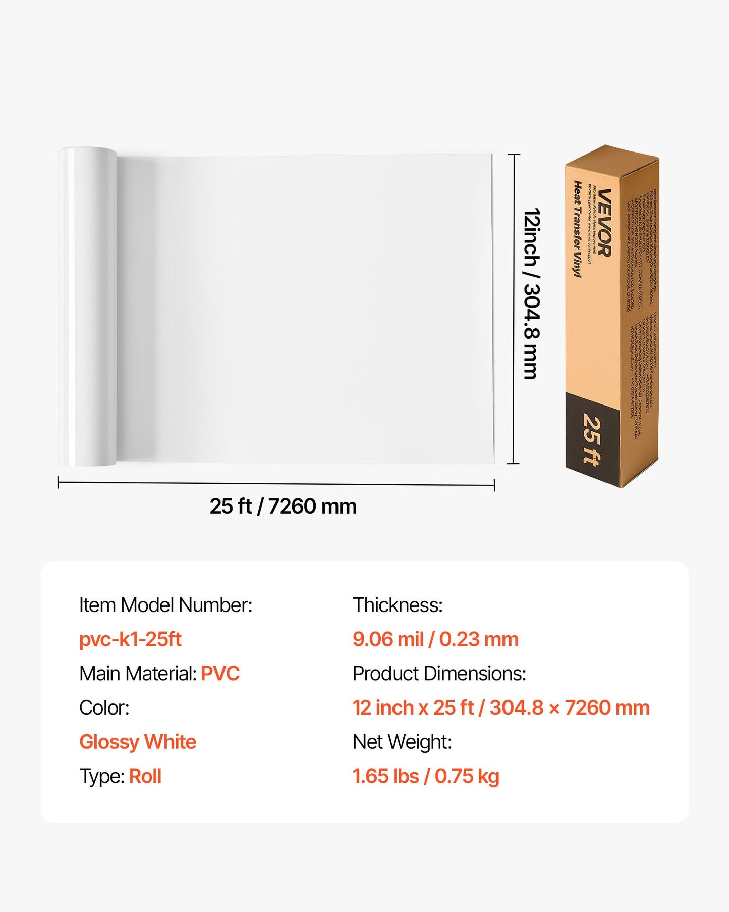 Heat Transfer Vinyl, 304.8 x 7260mm, Glossy White HTV Iron on Vinyl Roll, Easy to Cut and Weed, Strong Adhesion, Compatible with Cutting Machines, for Various Materials, T-shirts, Pillows, Hats