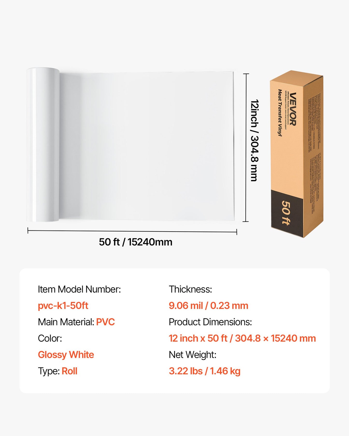 Heat Transfer Vinyl, 304.8 x 15240mm, Glossy White HTV Iron on Vinyl Roll, Easy to Cut and Weed, Strong Adhesion, Compatible with Cutting Machines, for Various Materials, T-shirts, Pillows, Hats