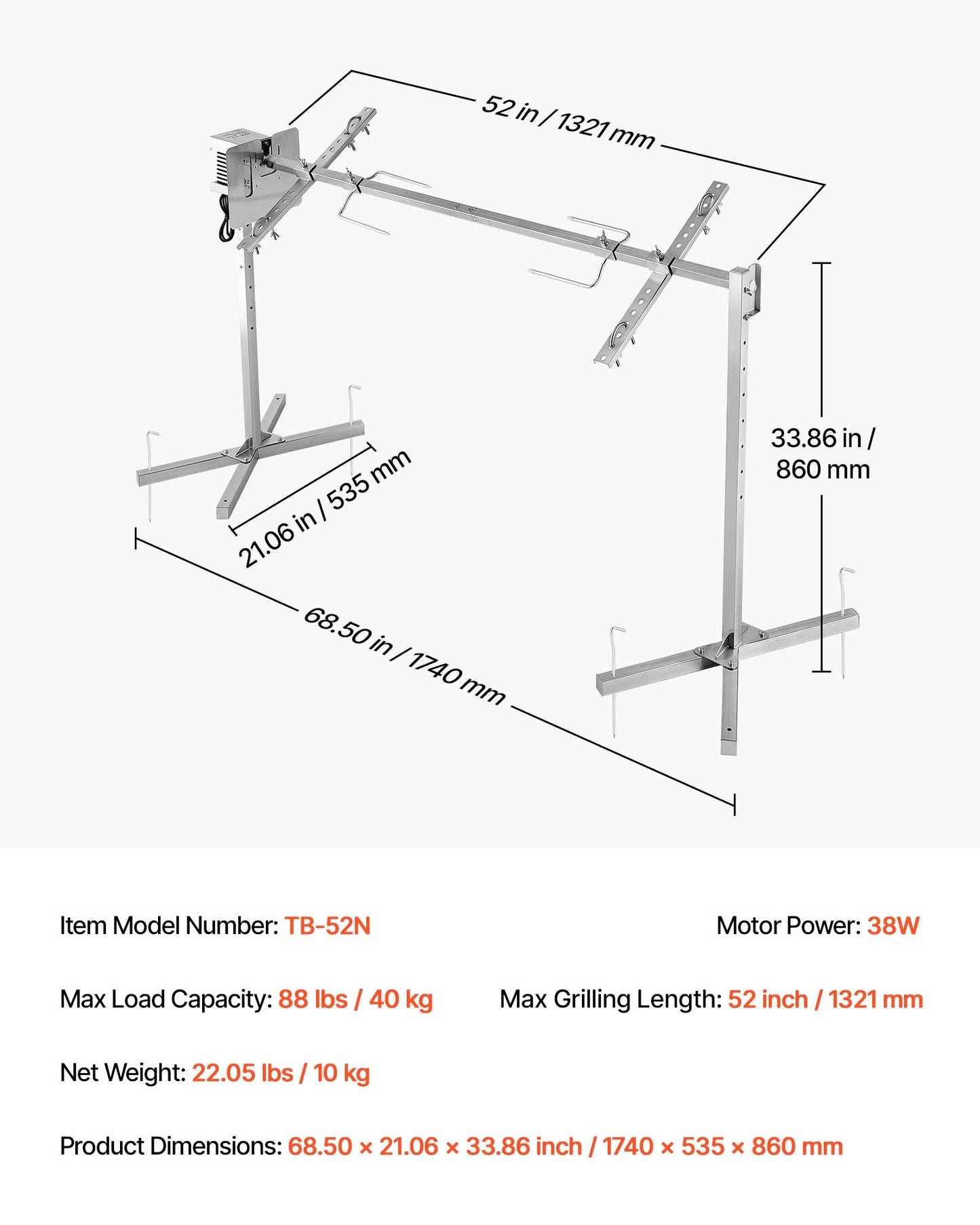 Rotisserie Grill, AC220-240V 8 Level Height Electric Rotisserie Grill Kit, BBQ Grills Rotisseries Kit with 88 lbs Load Capacity, 38W Motor, Stainless Steel Automatic Grilling Kits for Parties