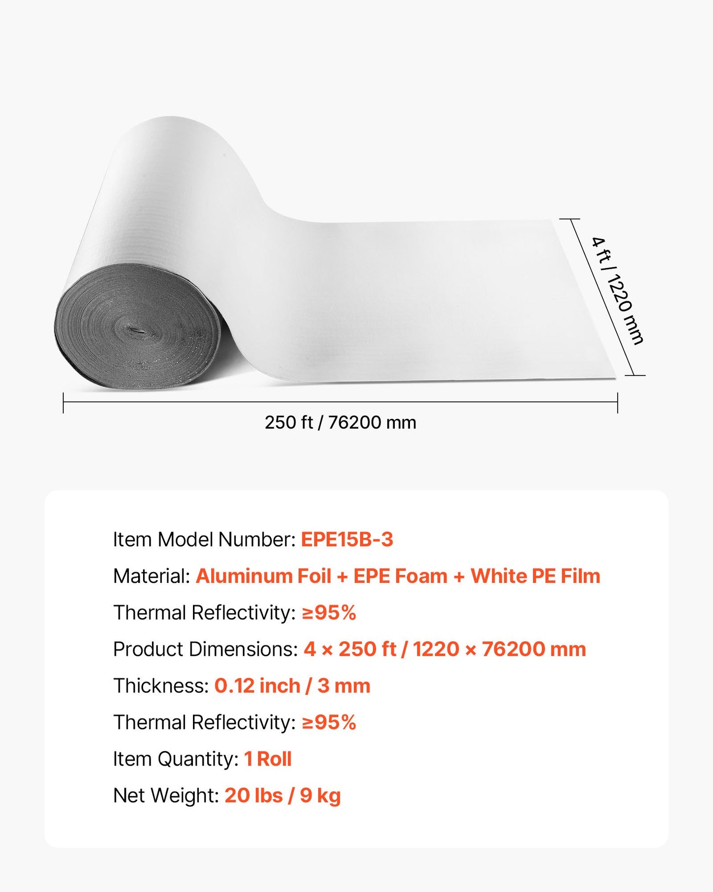 Reflective Insulation Roll, EPE Foam Core Radiant Barrier, 3mm 76.2m x 1.22 m, Aluminum Foil White PE Film Heat Reflective Shield, Thermal Insulation Roll for Garage Door Window RV Roofs