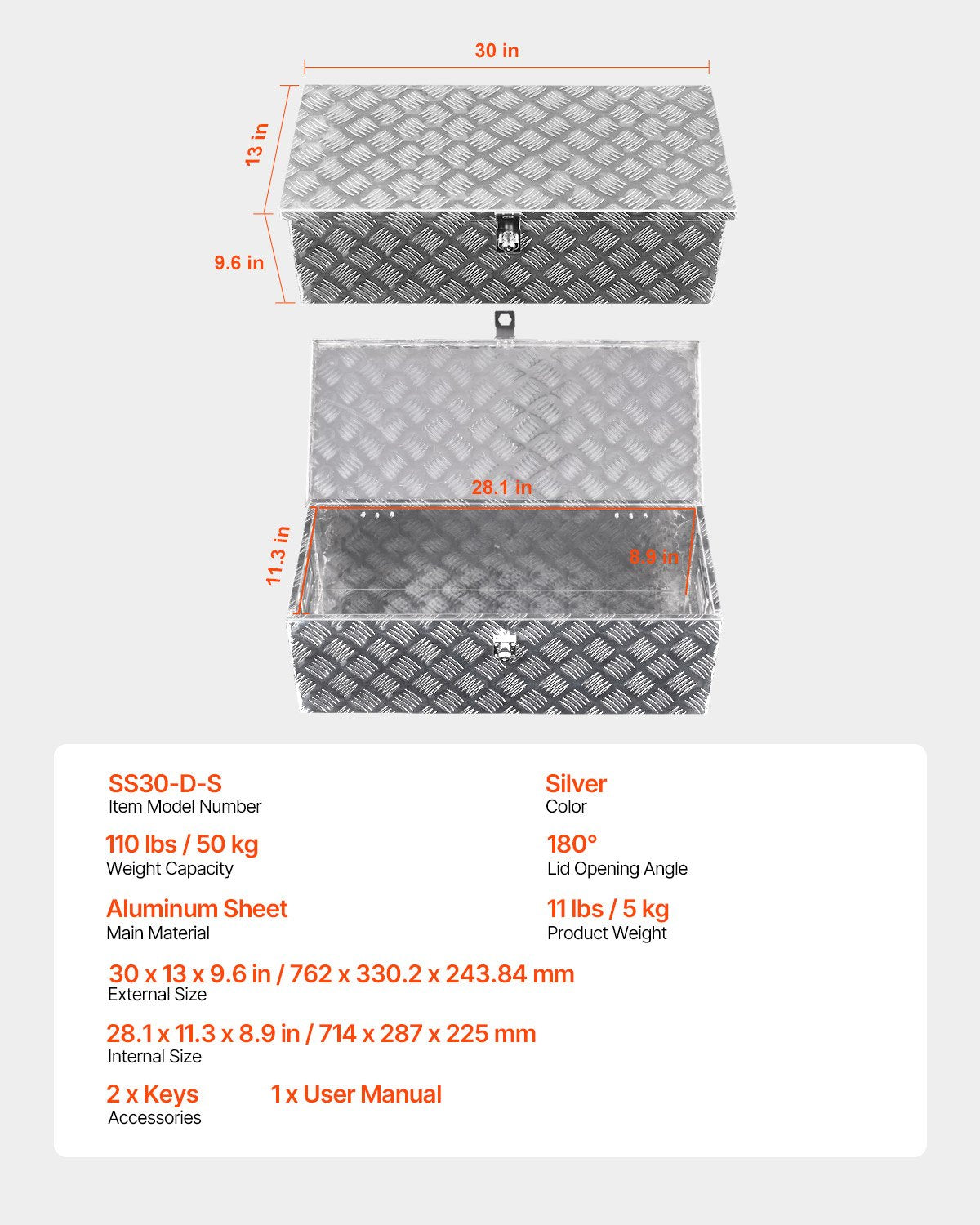 Heavy Duty Aluminum Truck Bed Tool Box, Stripes Plated Tool Box with Side Handle and Lock Keys, Storage Toolbox Chest Organizer for Trailer, Pickup, RV, 30"x13"x9.6"(762x330.2x243.84mm), Silver