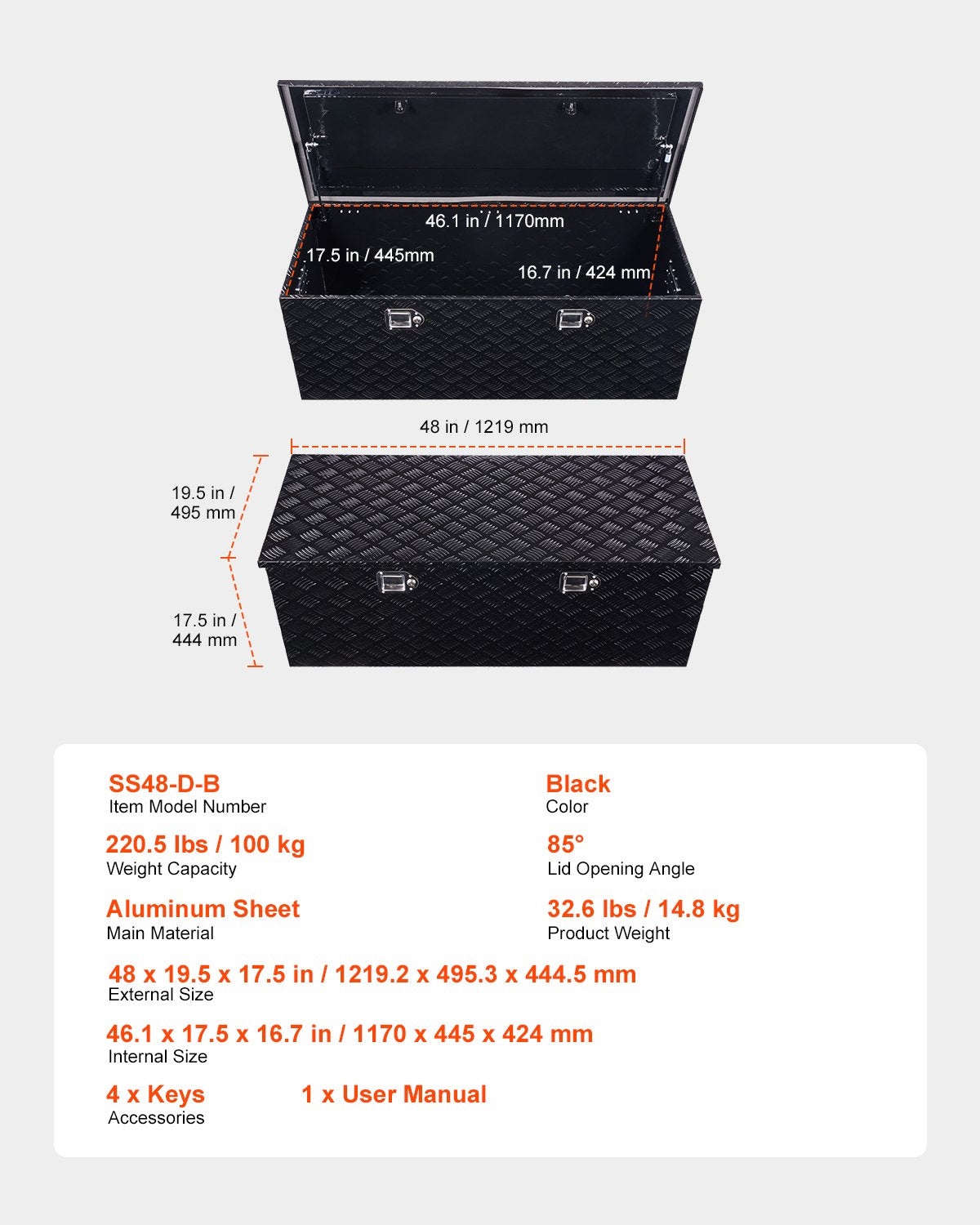 Heavy Duty Aluminum Truck Bed Tool Box, Stripes Plated Tool Box with Side Handle and Locks Keys, Storage Toolbox Chest Organizer for Trailer, Pickup, 48"x19.5"x17.5"(1219.2x495.3x444.5mm), Black