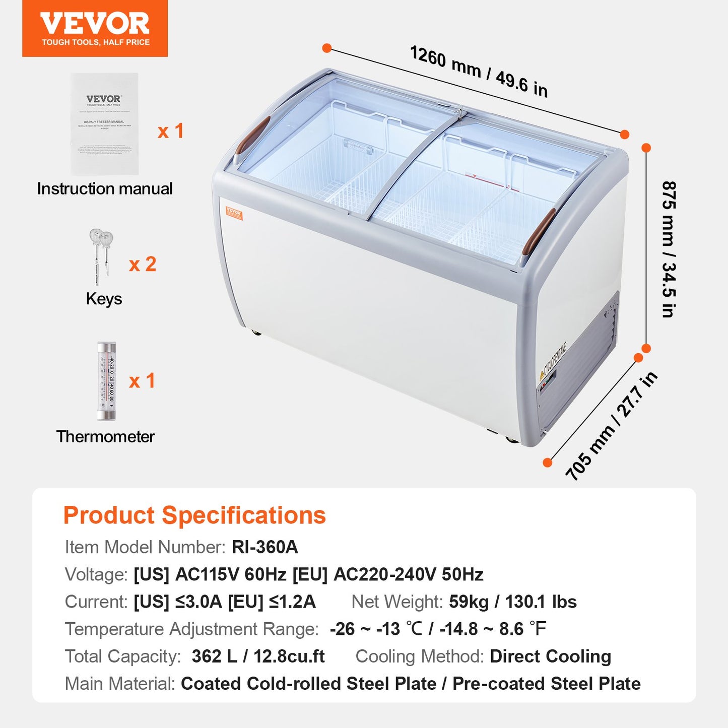 Commercial Ice Cream Display Case, 362 L Chest Freezer, Mobile Glass Top Deep Freezer, Restaurant Gelato Dipping Cabinet with 4 Wire Baskets, 2 Sliding Glass Doosr, Locking Casters, White