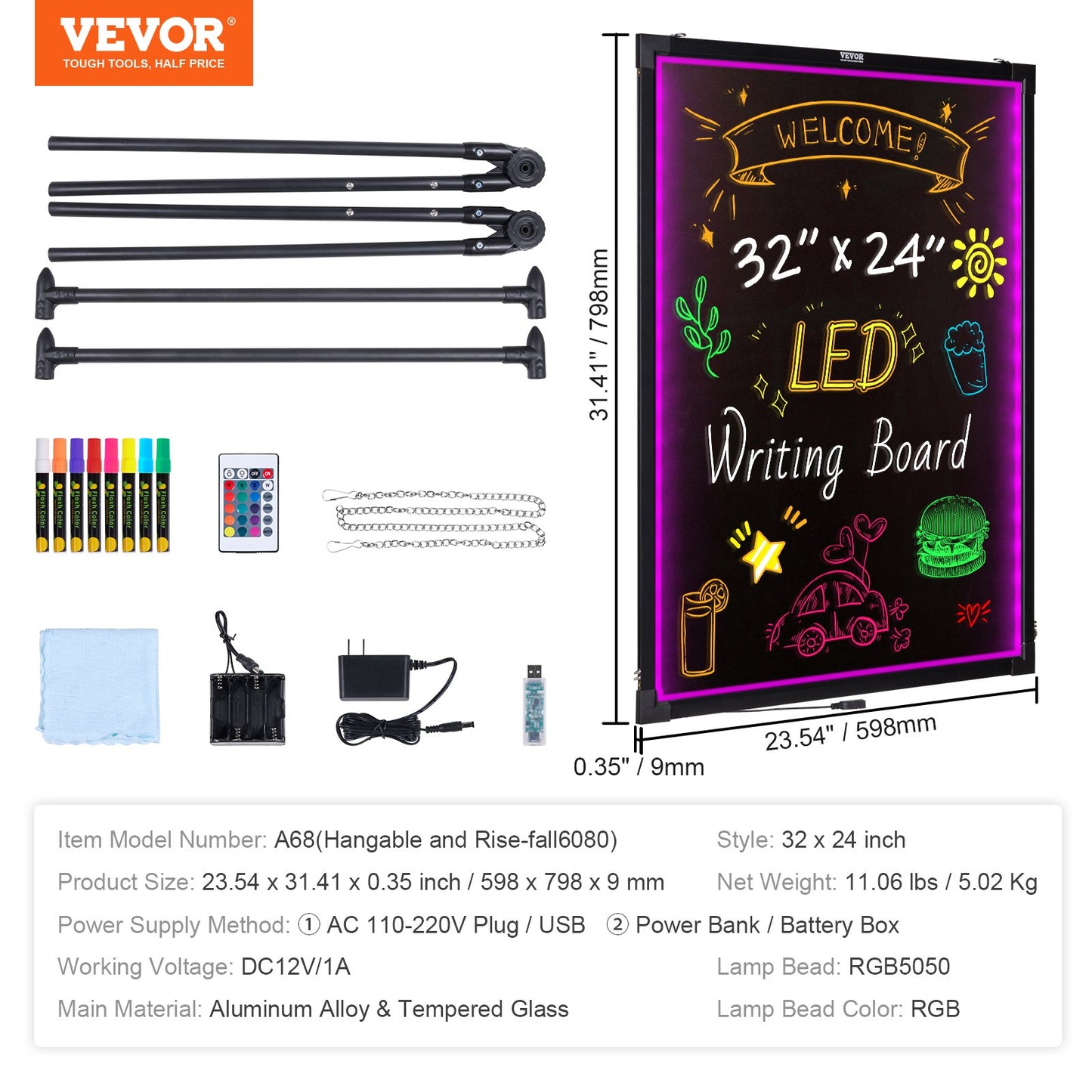 LED Message Writing Board 81.3x61 cm Illuminated Erasable Lighted Chalkboard