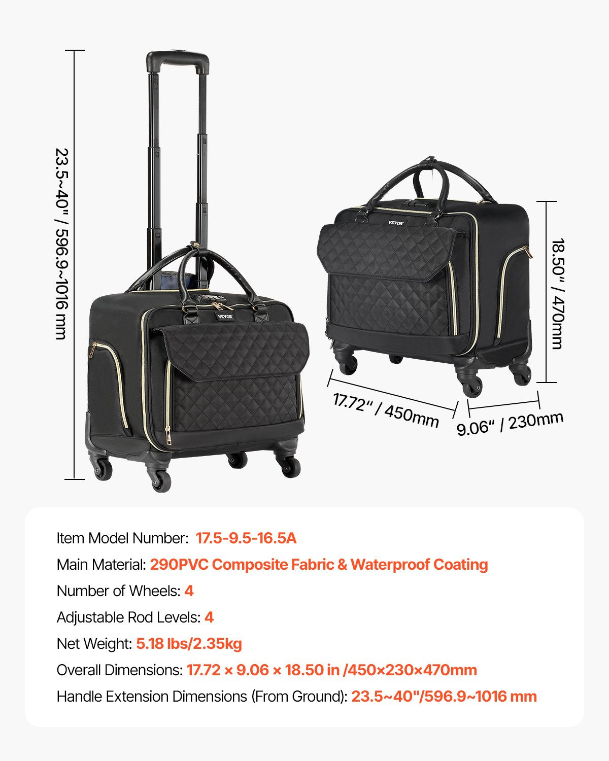 Rolling Laptop Bag 17,3 inch / 43,9 cm Wheeled Computer Bag for Women Men Black Gold