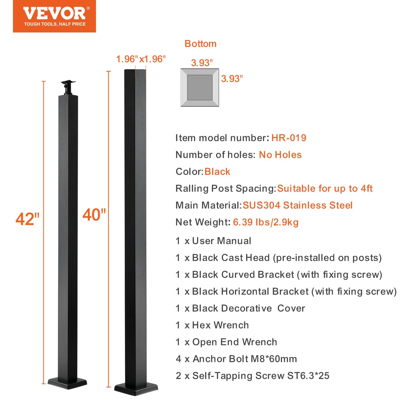 Cable Rail Post, 42 x 1.97 x 1.97", Level Deck Stair Post, Cable Handrail Post Stainless Steel Brushed Finishing Deck Railing DIY Picket Without Hole Stair Railing Kit With Mount Bracket Black