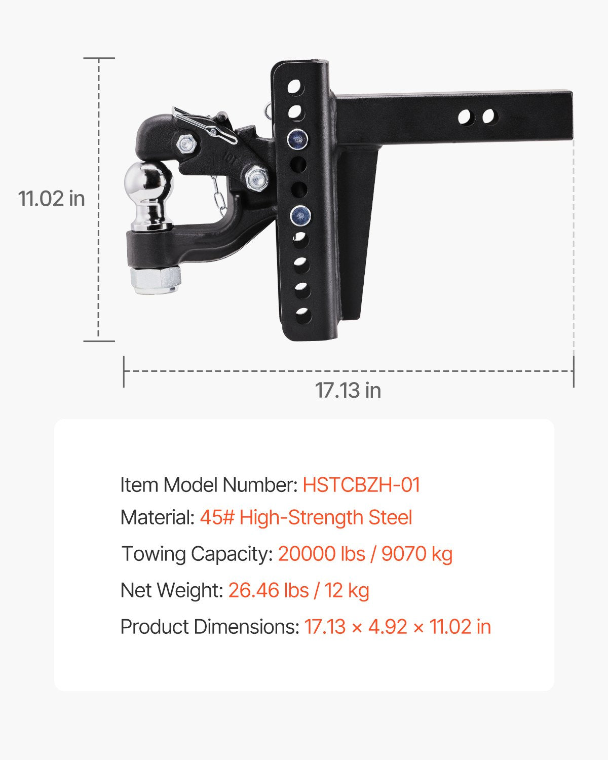 Adjustable Pintle Hook, 20000 lbs, Pintle Hook Hitch for 2-inch Hitch Hook Military Receiver, Combination 2-inch Hitch Ball, Fit 2.5 to 3-inch Lunette Ring, 6-inch Rise & Drop, Black Powder Coat