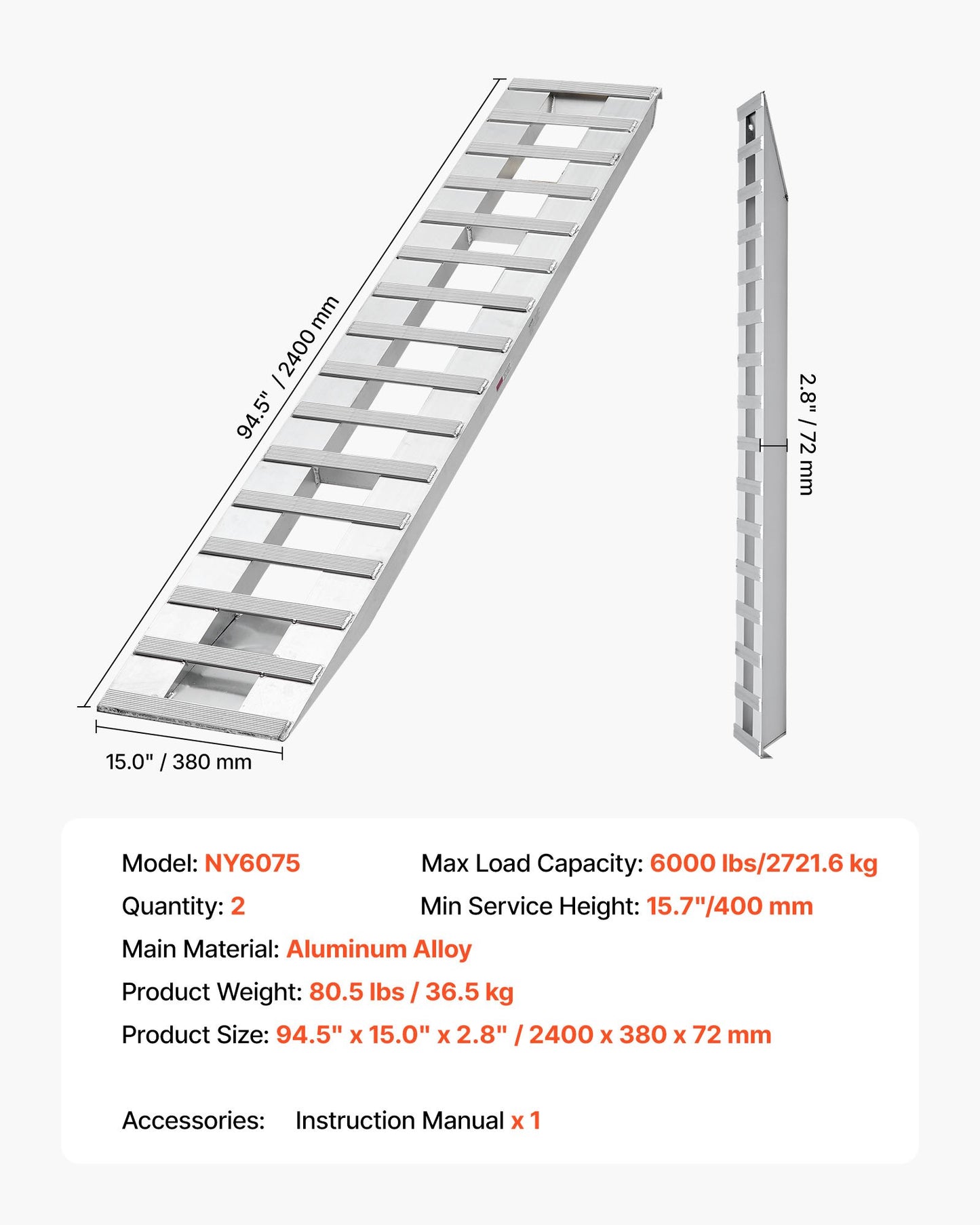 Loading Ramps, 2 Pcs 2400 x 380 mm, Durable Aluminum and Heavy-Duty Trailer Ramp Set with Anti-Slip Plates, 2721.6 kg Combined Capacity, for Carts, Farm Tractors, ATVs, Lawn Mowers, Motorcycles
