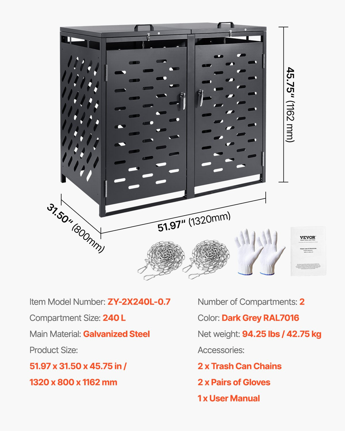 Papperskorgsförvaring, 2 x 52,79 gallon papperskorgsskjul utomhus, horisontellt vattentätt förvaringsskåp med kedjelock, låsbart papperskorgsskjul, för papperskorg, trädgård, bakgård och uteplats