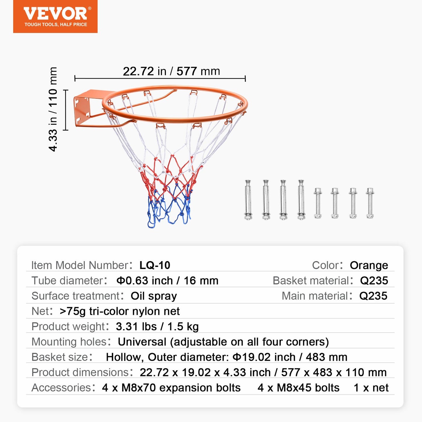 Basketball Rim, Wall Door Mounted Basketball Hoop, Heavy Duty Q235 Basketball Flex Rim Goal Replacement with Net, Standard 18" Indoor and Outdoor Hanging Basketball Hoop for Kids Adults