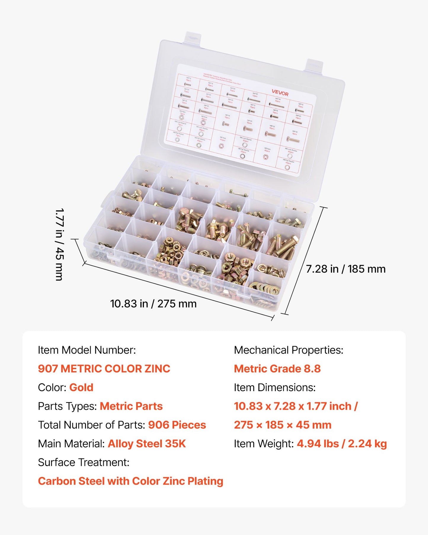 906 Pcs Bolts and Nuts Assortment Kit, Metric Machine Screws and Flat Washers, Alloy Steel M4/M5/M6/M8 Multiple Size, for Equipment Assembly, Vehicle Grade 8.8 Gold-Plated Galvanized