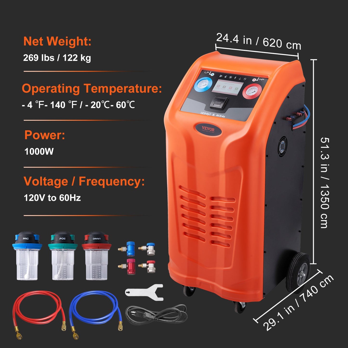 Fully Automatic Refrigerant Recovery Machine - Dual Cylinder AC Recovery Machine Kit Built in Compressor/Electronic Scale/Filter/ Recovery Tank, Recovery Machine HVAC Only for R134A+R1234YF