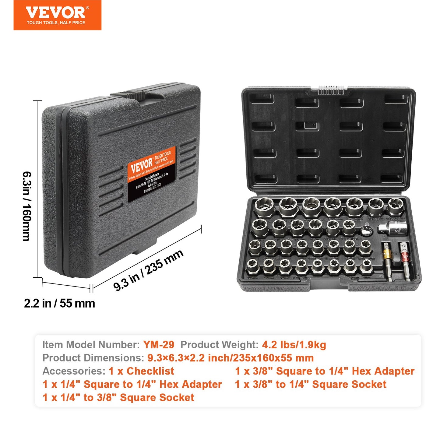 Bolt Extractor Set, 29-Piece Bolt and Nut Remover Set, 6mm to 10mm, 13/32" to 3/4", CR-MO Steel Extraction Socket Set with Storage Case, for Removing Damaged Rusted Bolts, Nuts and Screws